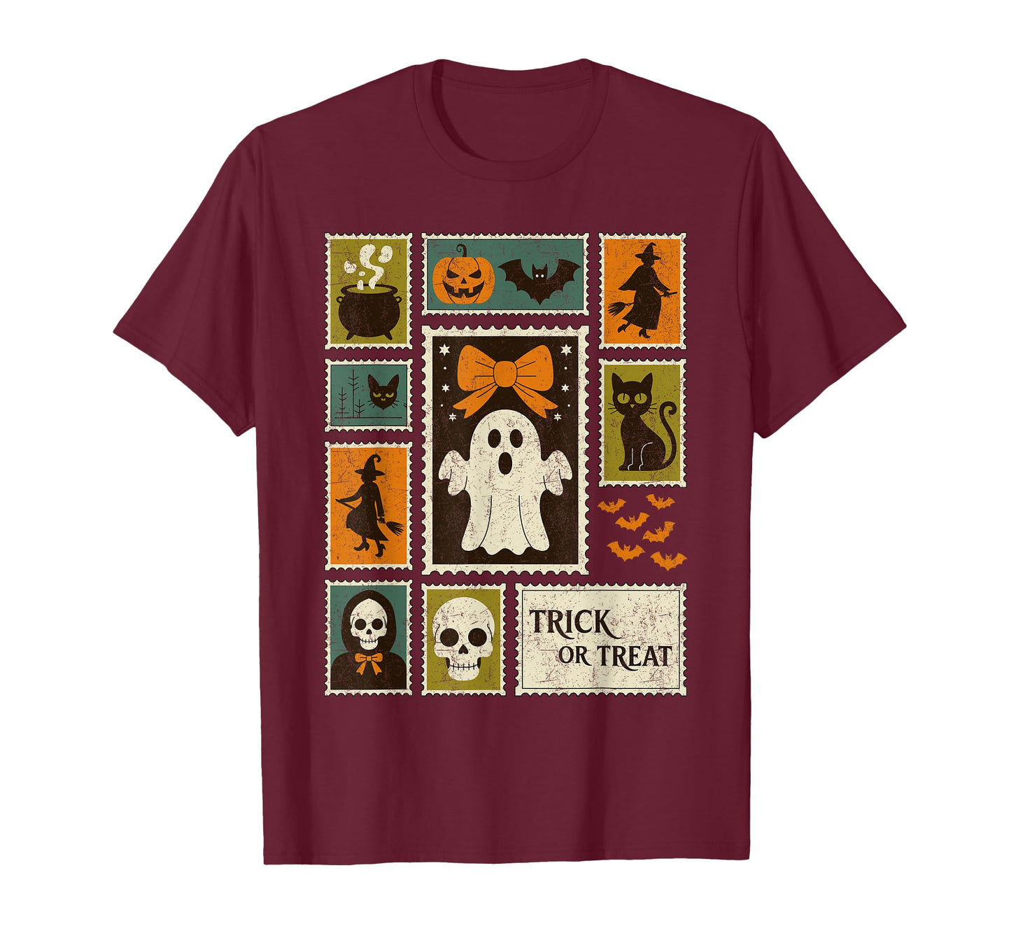 Halloween Stamps Spooky Pumpkin Ghost Cat Witch Skeleton T-Shirt