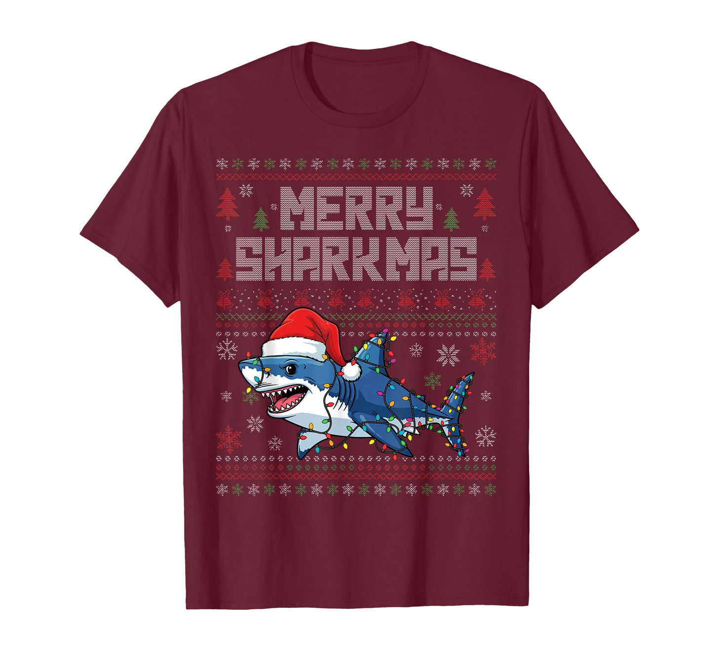 Merry Sharkmas Shark Lights Santa Funny Ugly Christmas T-Shirt