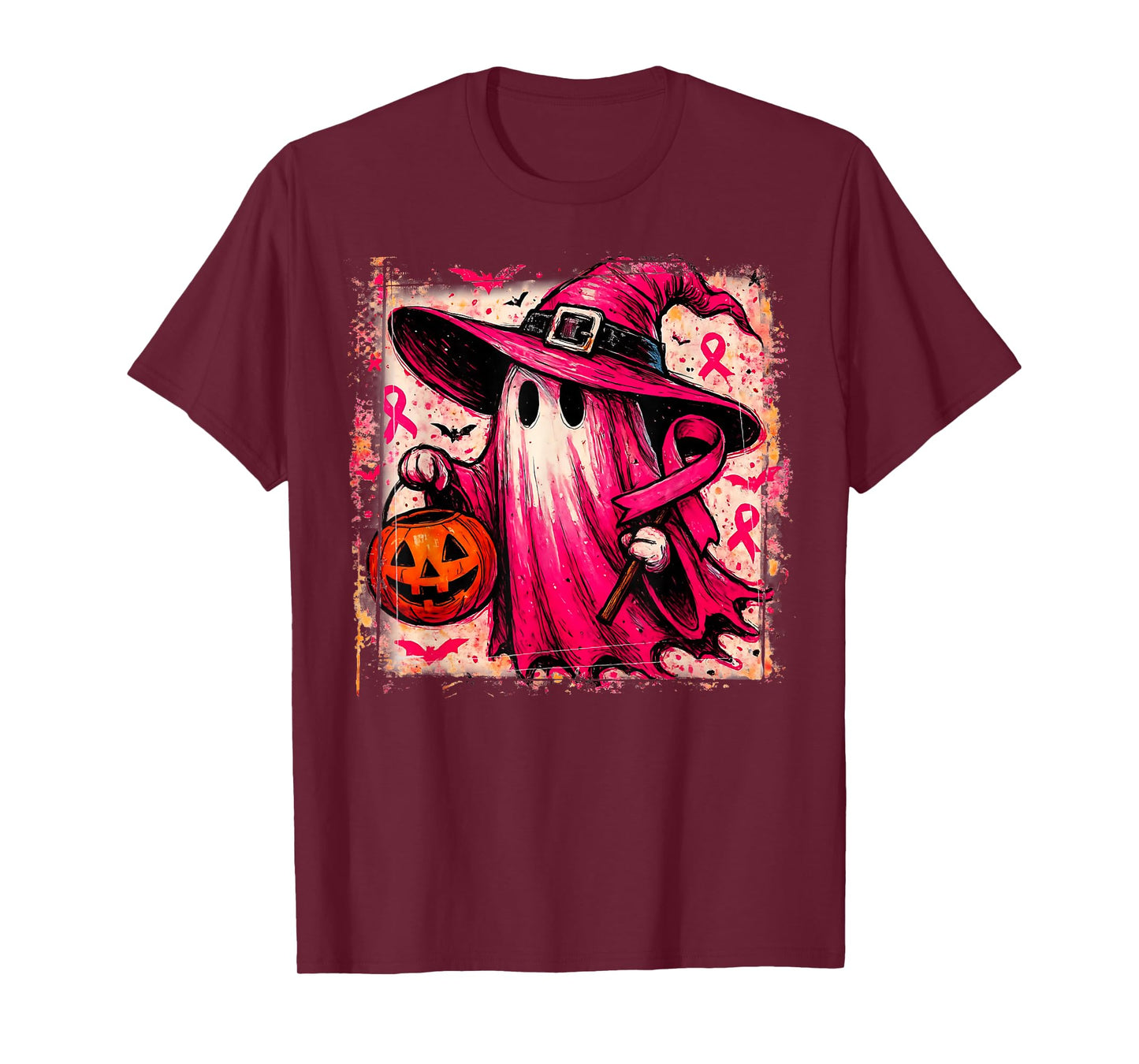 in October We Wear Pink Ghost Witch Breast Cancer Awareness T-Shirt