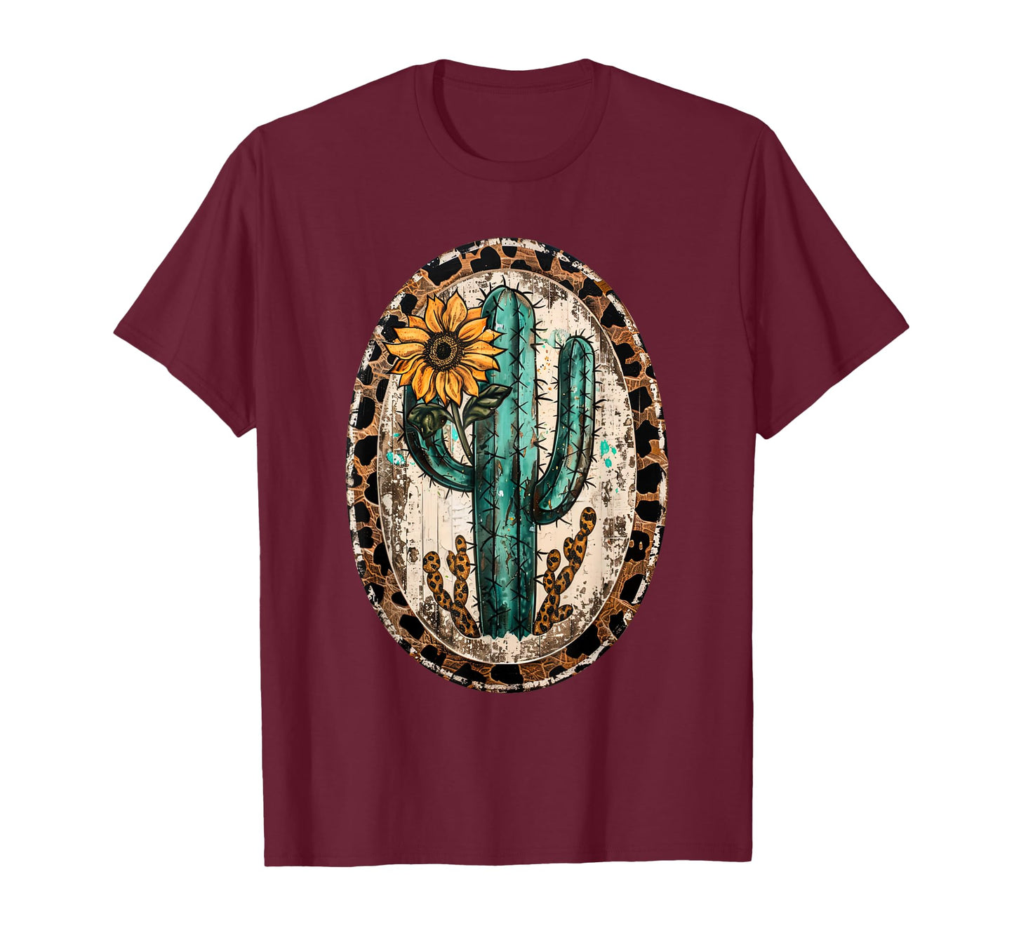 Vintage Western Turquoise Teal Cactus Sunflower Leopard T-Shirt