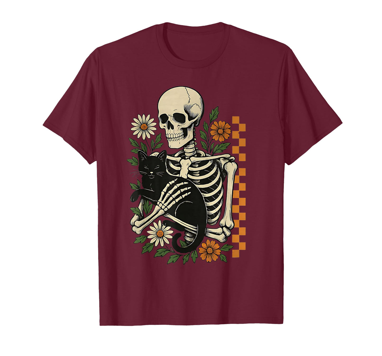 Funny Floral Skeleton Hugging Cat Halloween Cat Mom Cat Dad T-Shirt