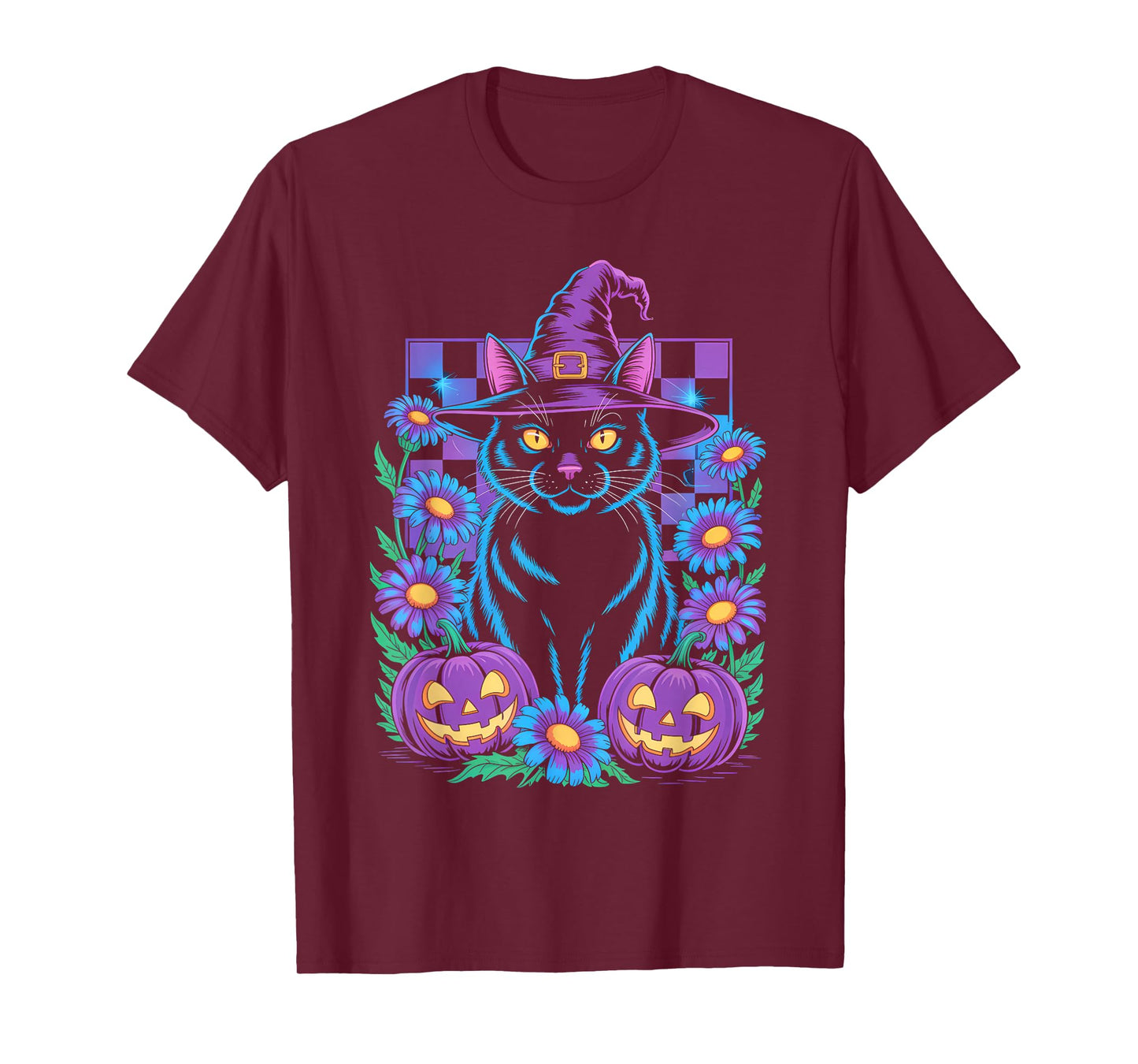 Retro Floral Checkered and Witch Cat with Pumpkins Halloween T-Shirt