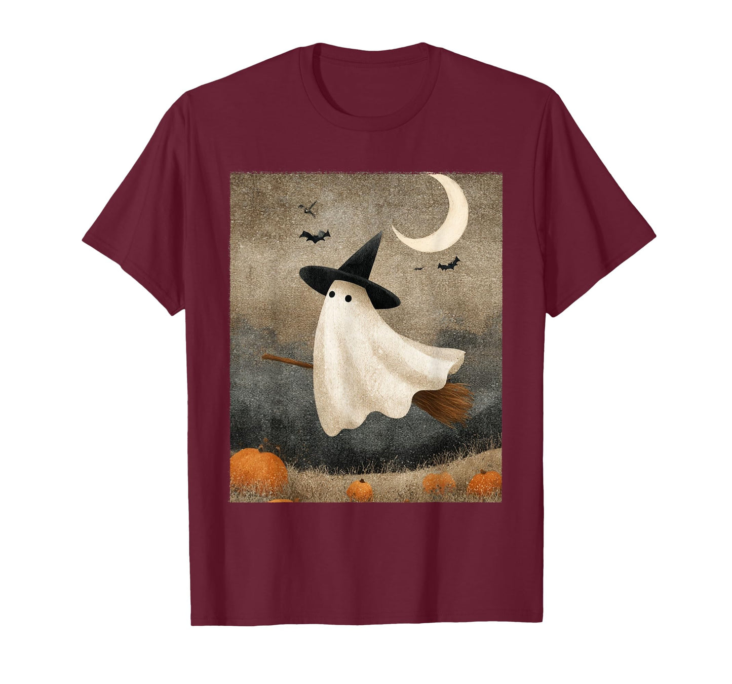 Spooky Ghost Witch on Broom Halloween Art T-Shirt