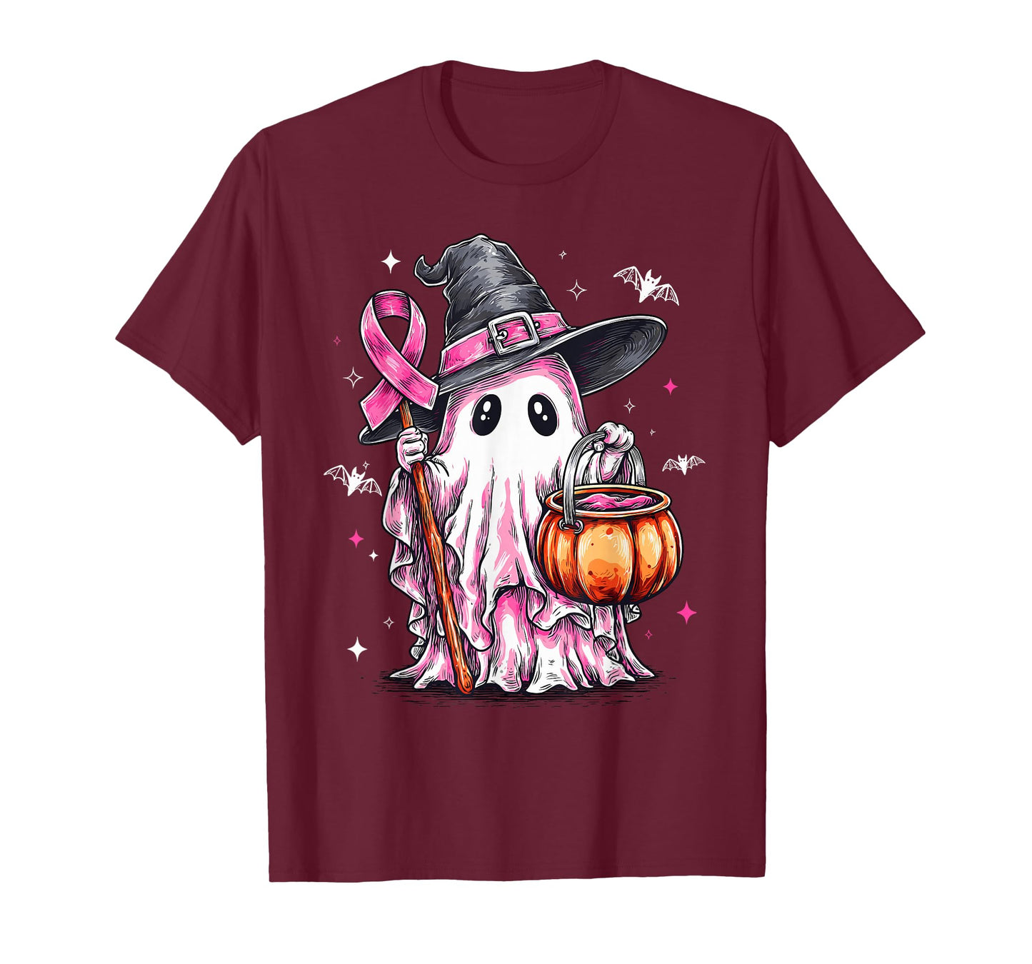 Retro Pink Ghost Witch Halloween Breast Cancer Awareness T-Shirt