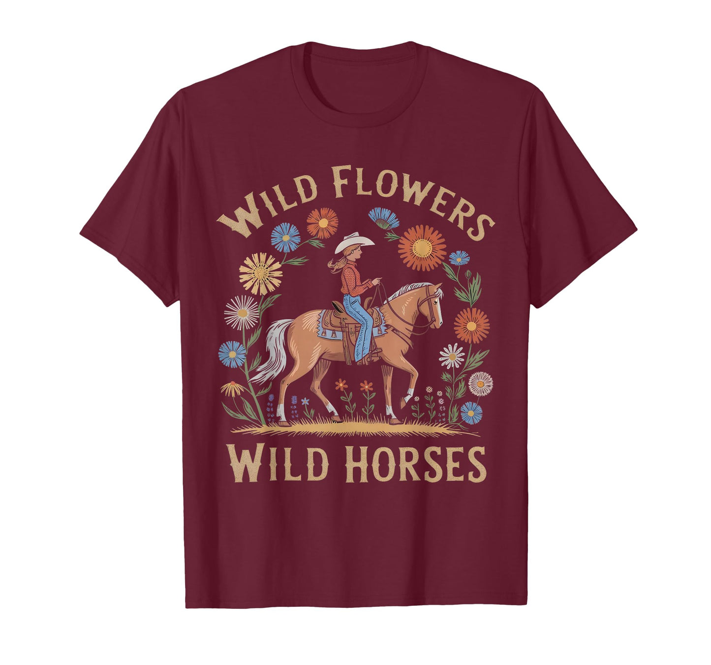 Retro Southern Sunset Wild Cowgirl Flowers - Wild Horses T-Shirt