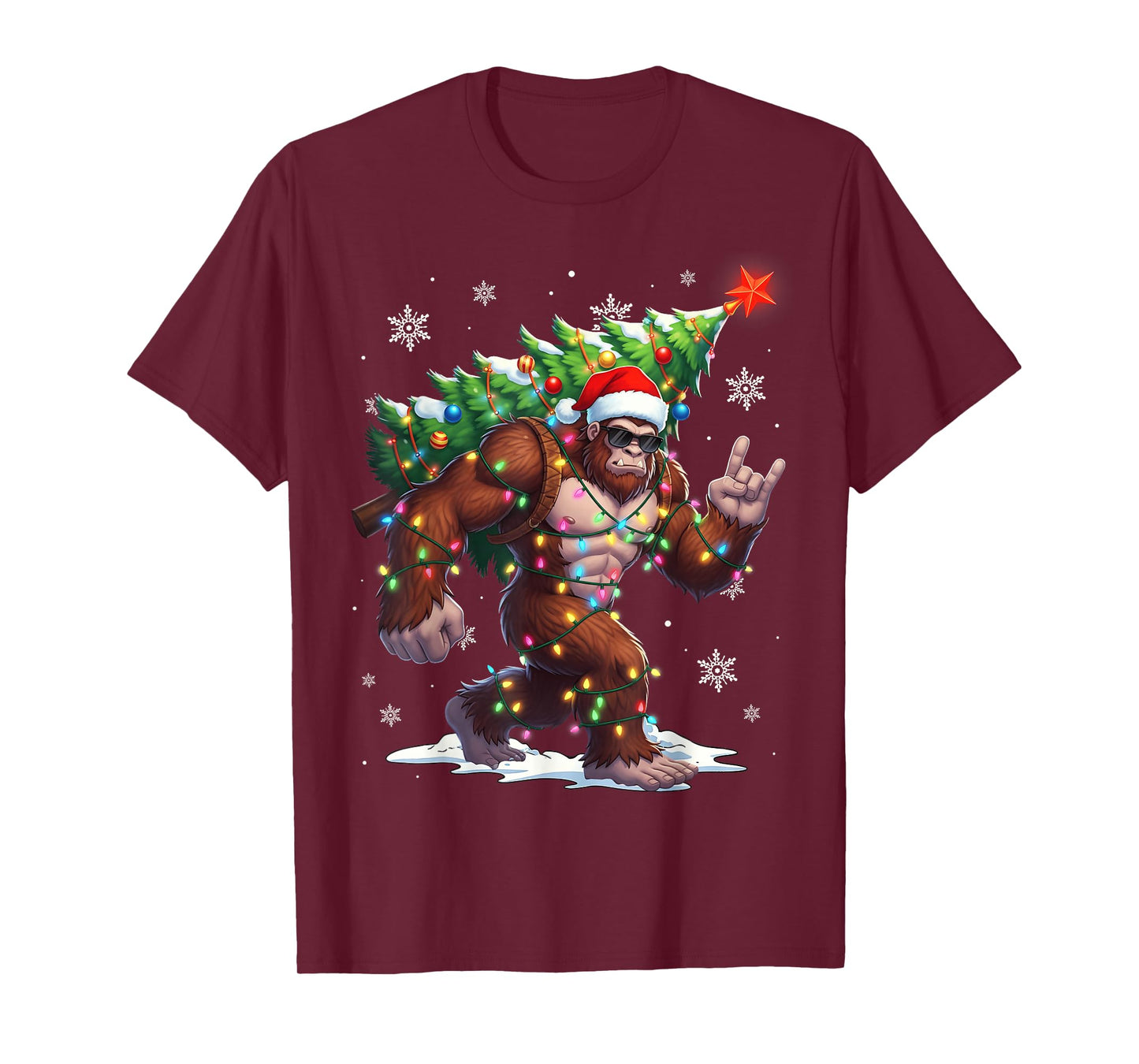 Funny Bigfoot Sasquatch Santa Christmas Tree Xmas Lights T-Shirt