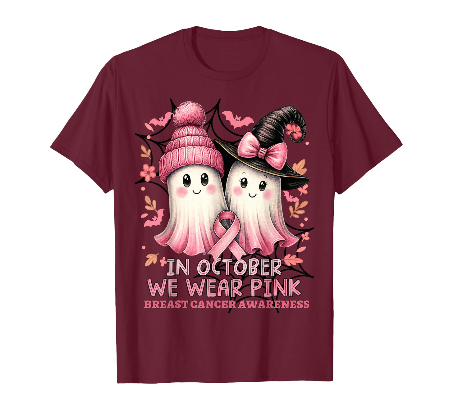 in October We Wear Pink Ghost Witch Breast Cancer Awareness T-Shirt