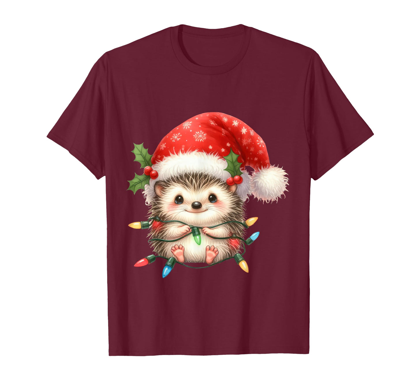 Hedgehog Christmas Lights Funny Santa Hat Merry Xmas T-Shirt