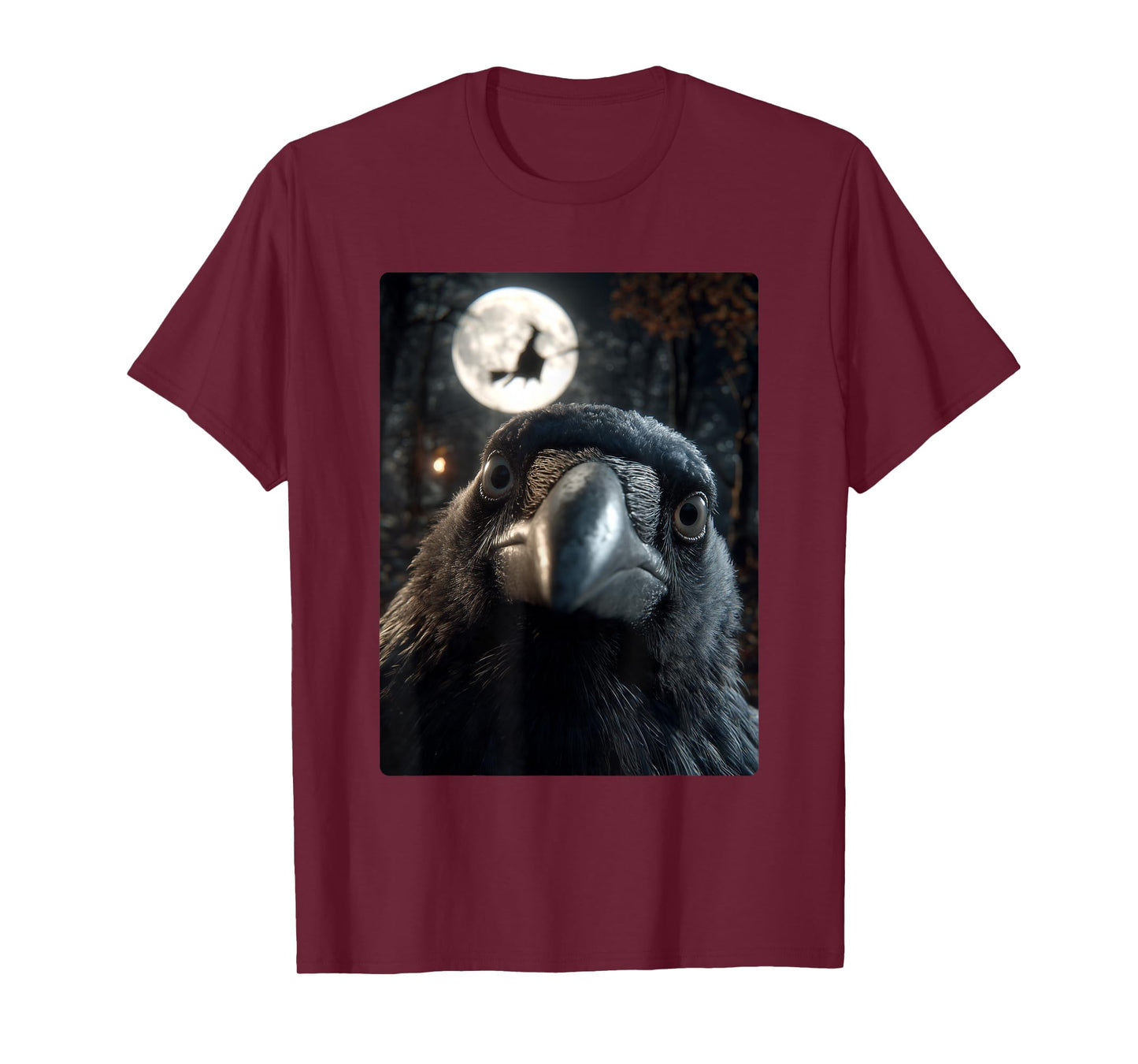 Funny Crow Selfie Full Moon Flying Witch Forest Halloween T-Shirt