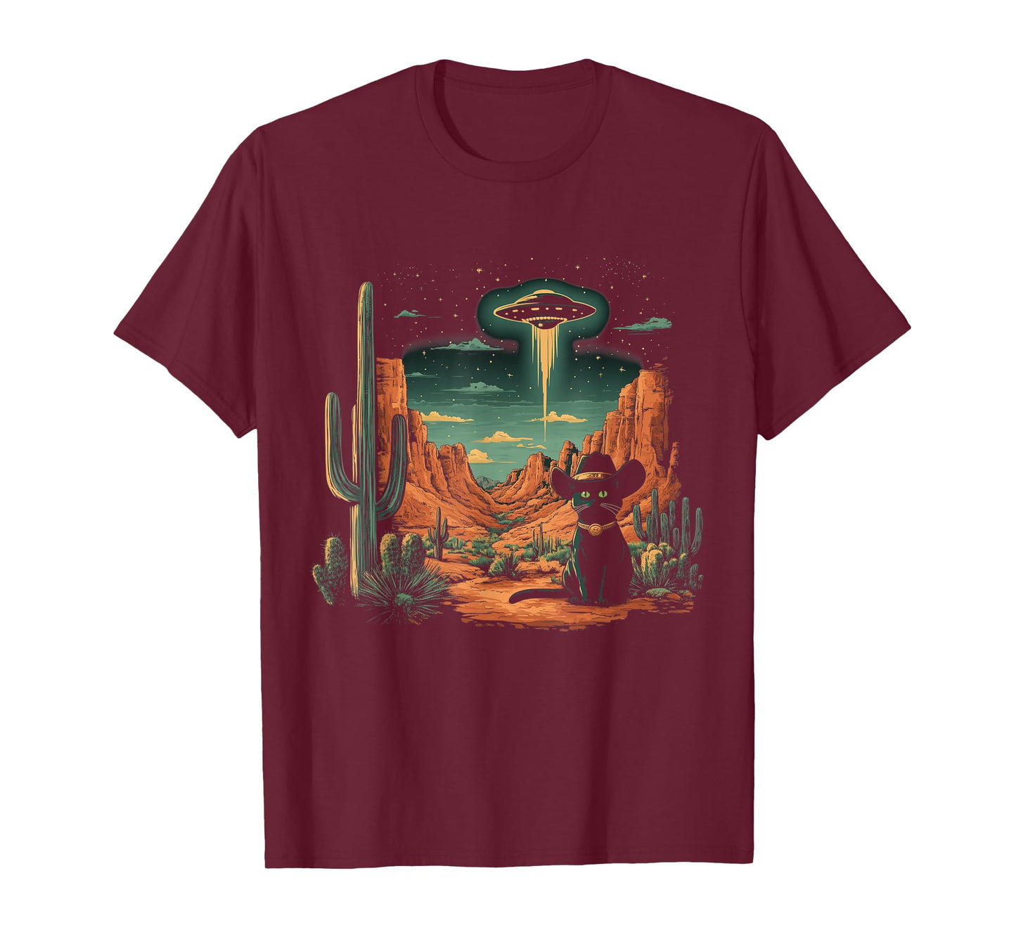 Black Cat Cowboy Hat Western UFO Alien Funny T-Shirt