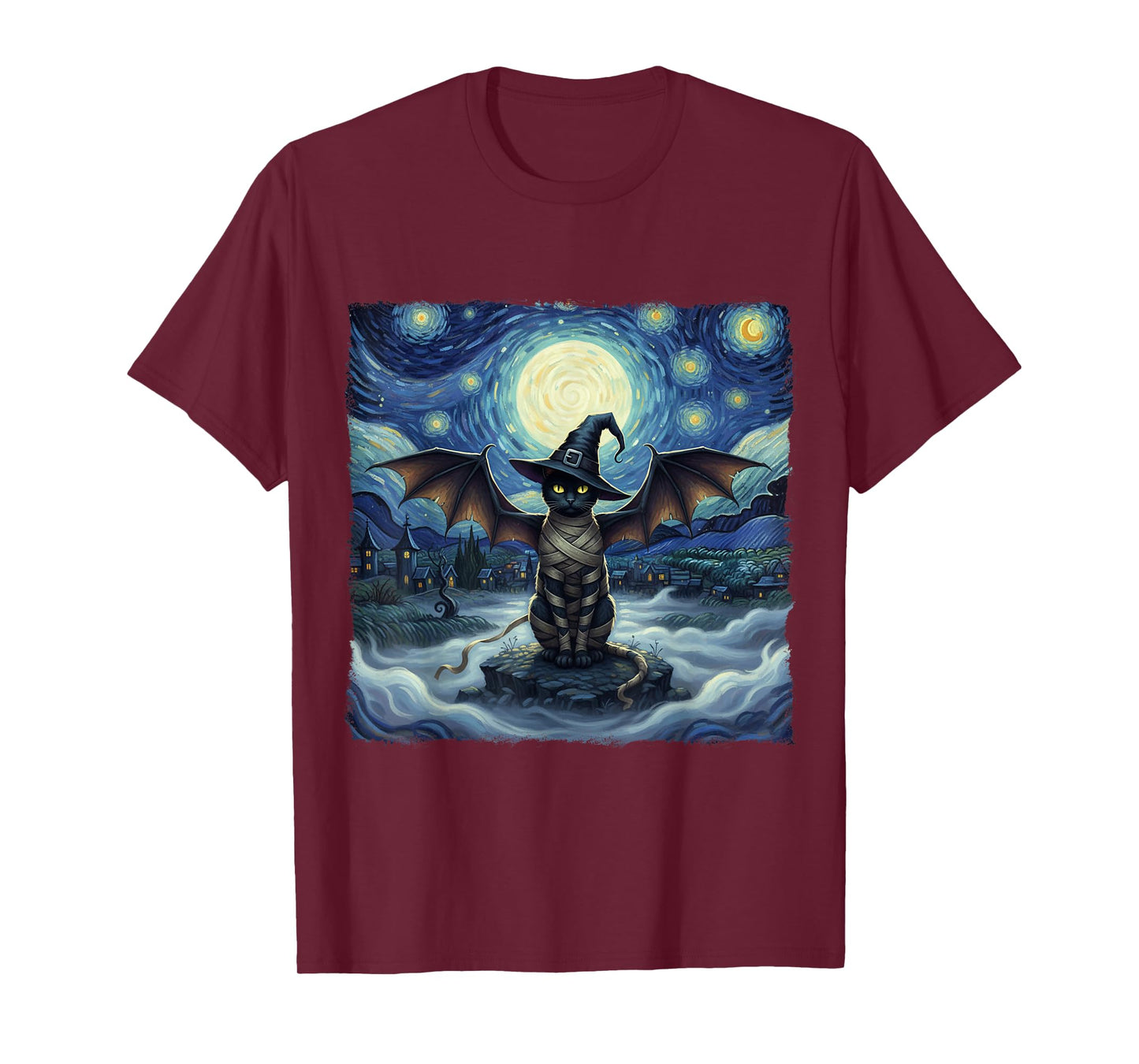 Cat Halloween Cat Starry Night Vampire Cat with Bat Wings T-Shirt