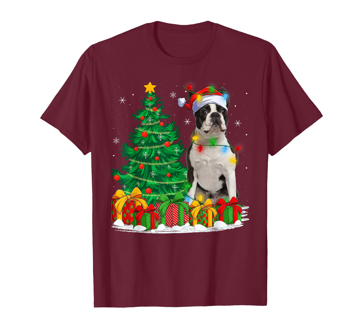Boston Terrier Dog Christmas Tree Lights Santa Hat Xmas T-Shirt
