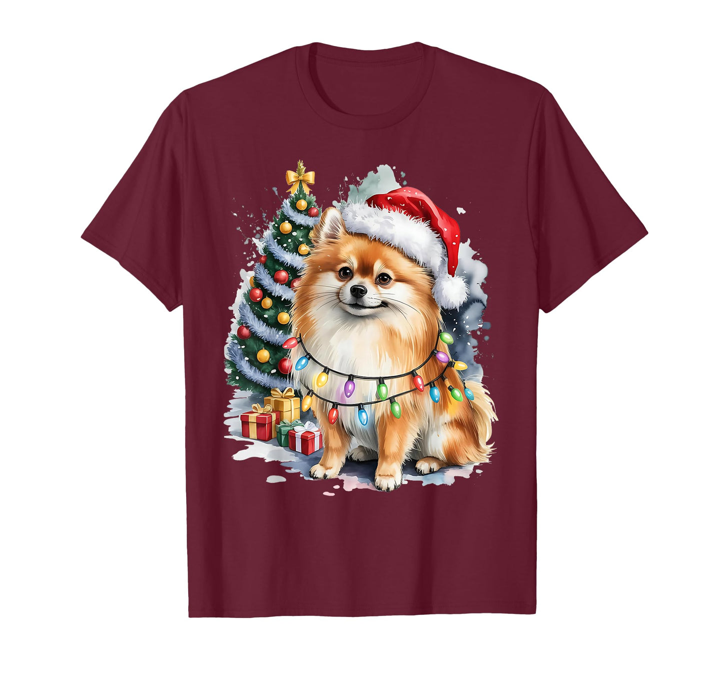 Pomeranian Christmas Dog with Santa Hat and Lights Holiday T-Shirt