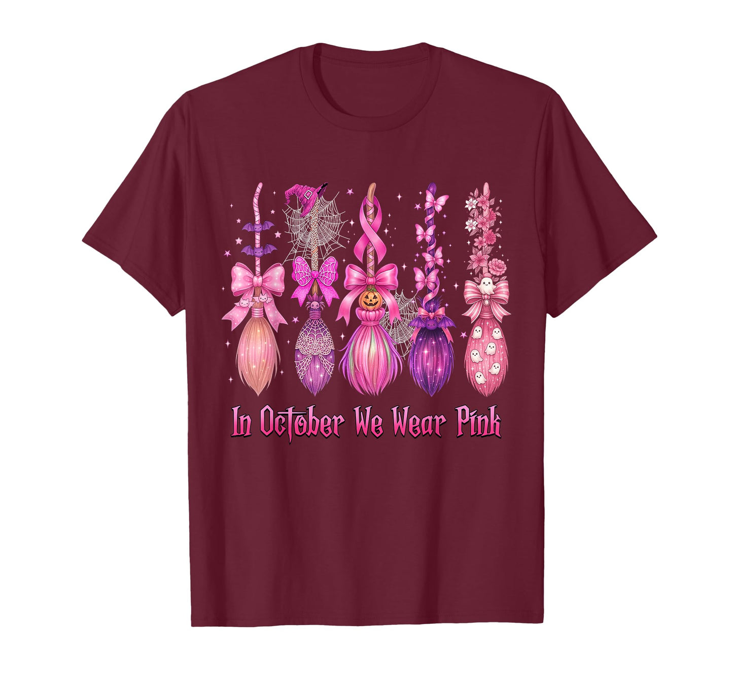 in October We Wear Pink Witch Broom Halloween Breast Cancer T-Shirt