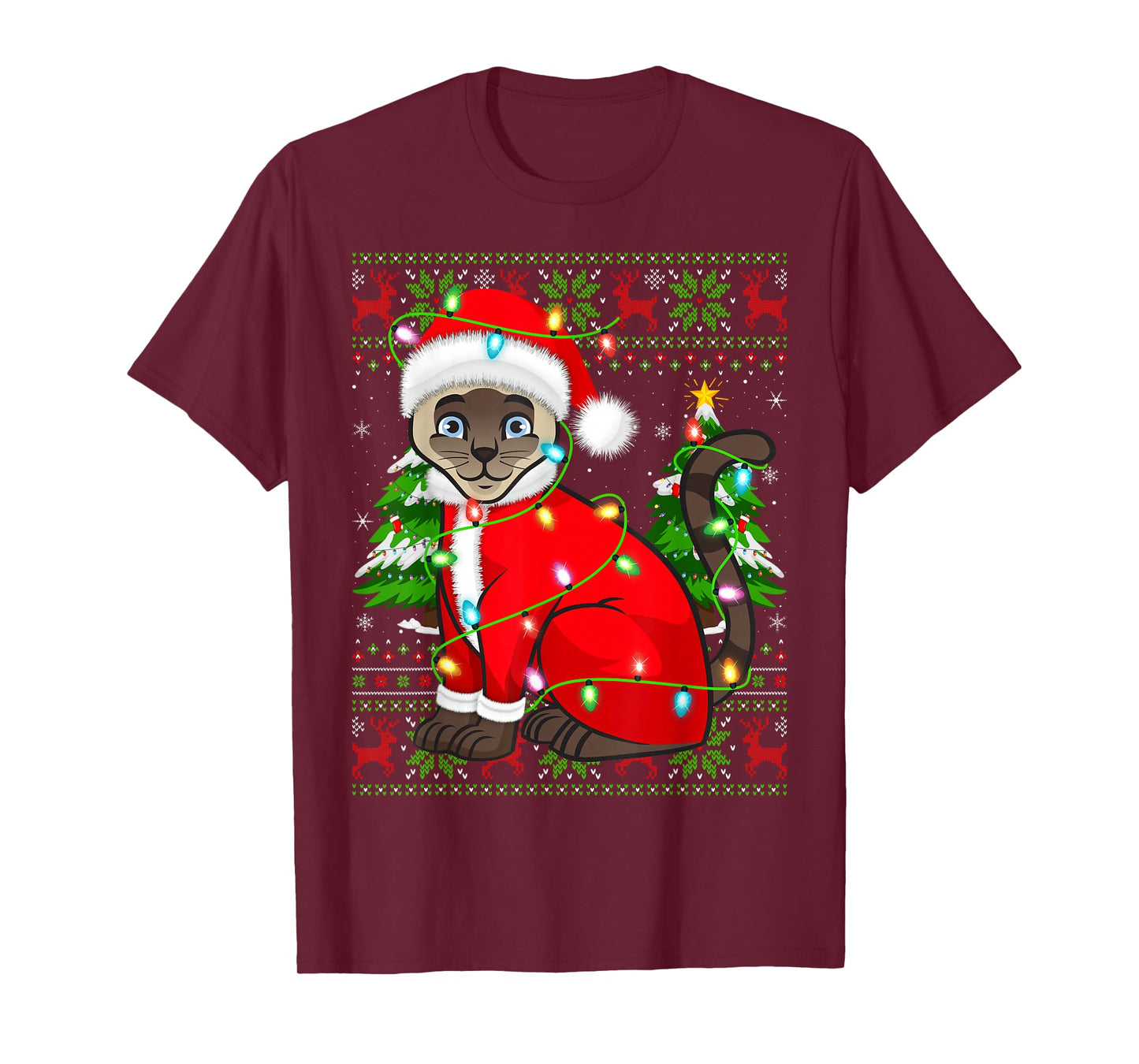 Siamese Cat Christmas Lights Santa Costume Ugly Xmas Sweater T-Shirt