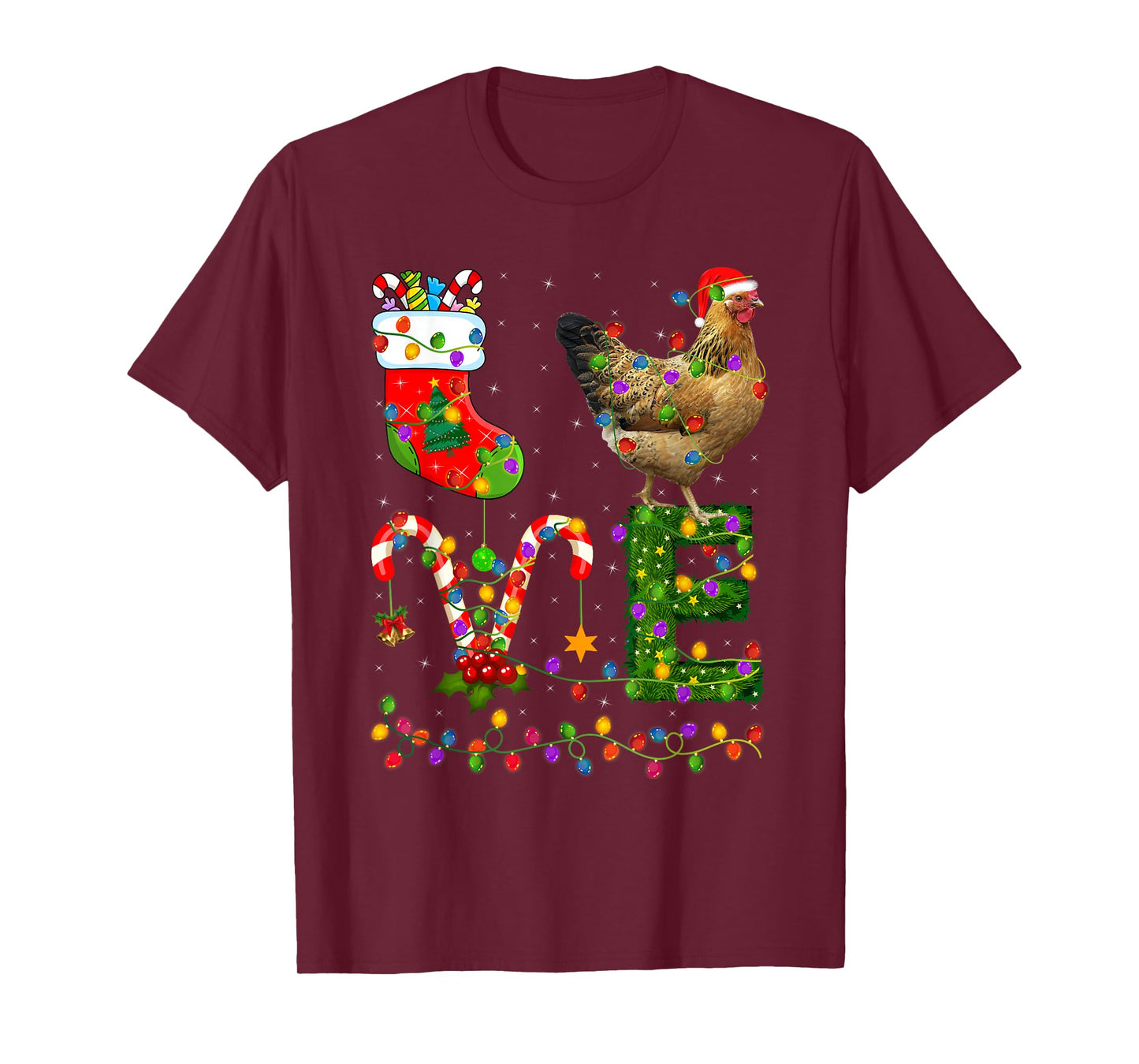 Love Chicken Christmas Lights Farm Animal Chicken Lover Xmas T-Shirt