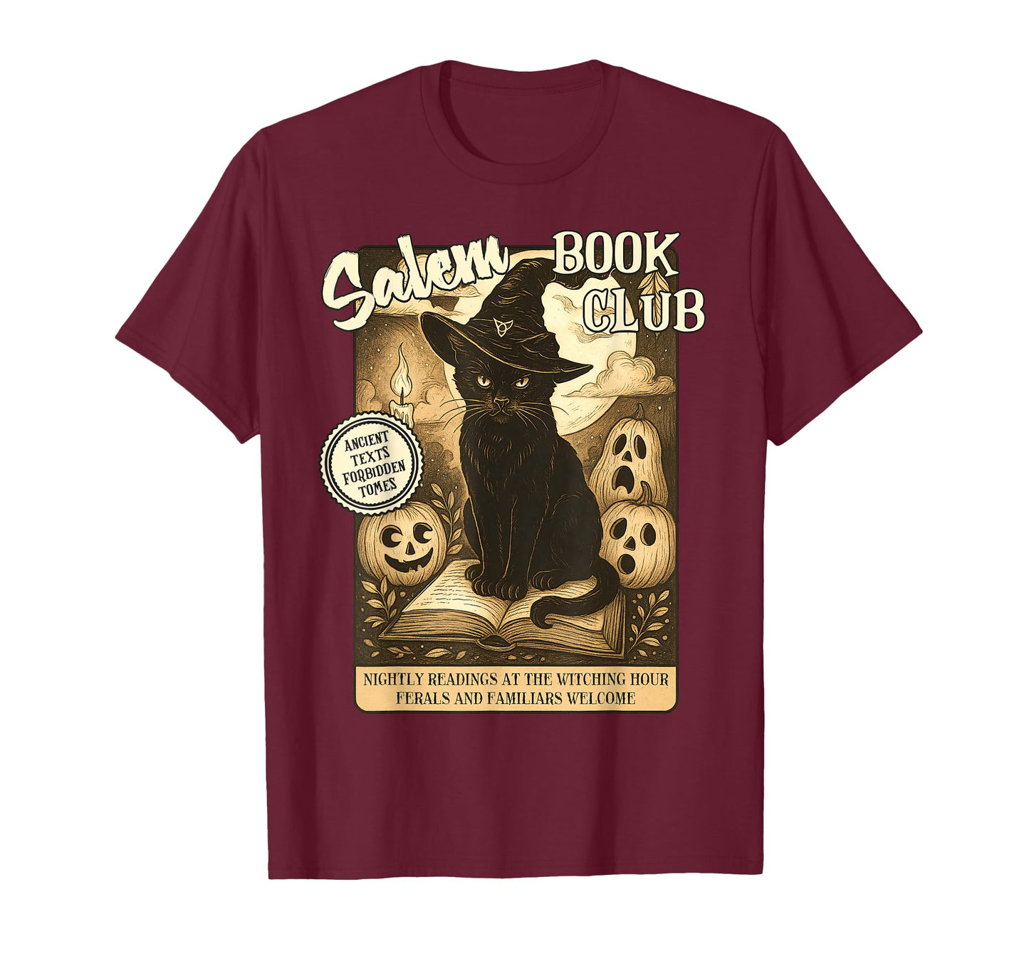 Retro Halloween Black Cat Salem Witch Book Club Bookish Men Women Kids T-Shirt
