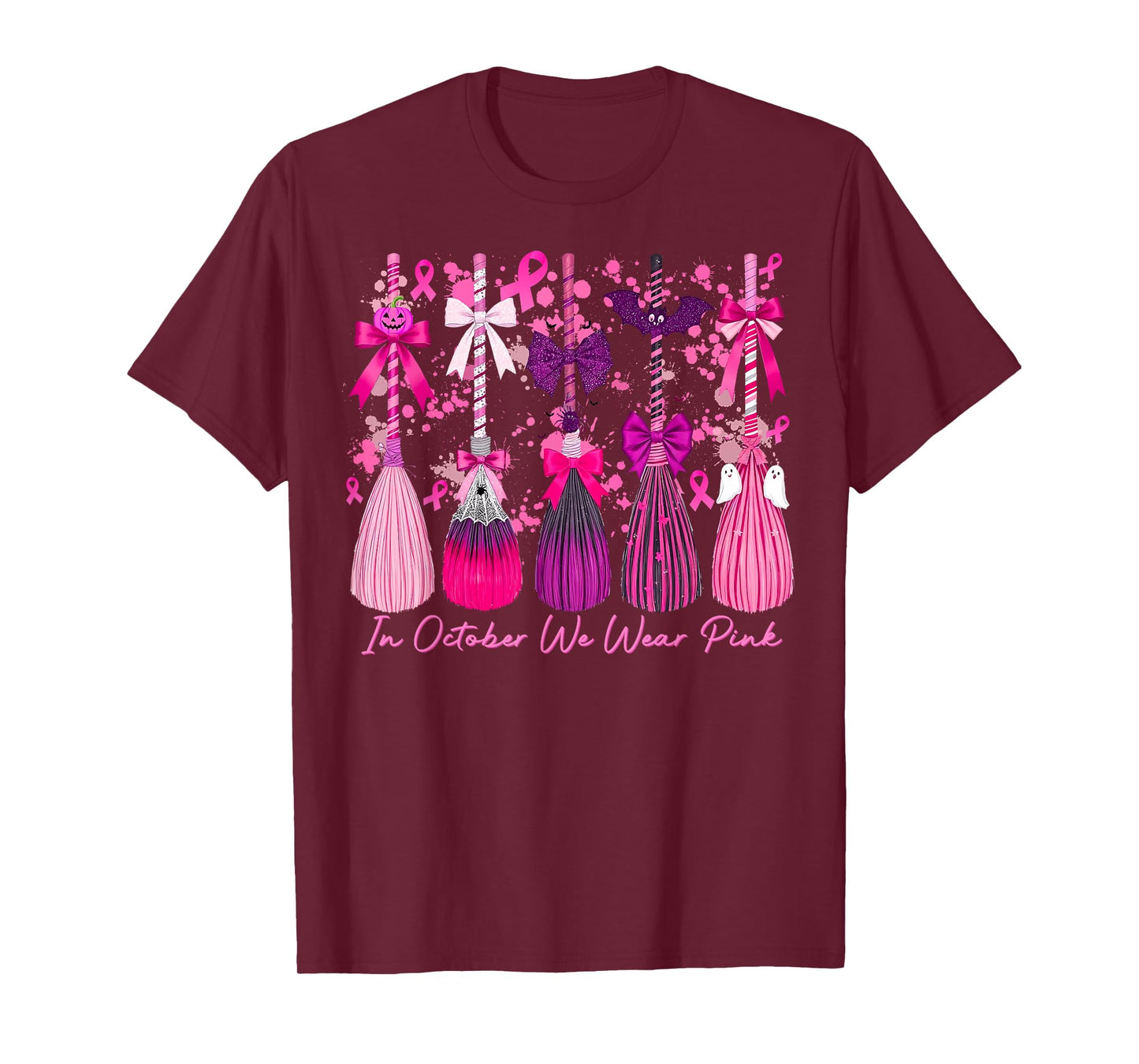 in October We Wear Pink Witch Broom Breast Cancer Halloween T-Shirt