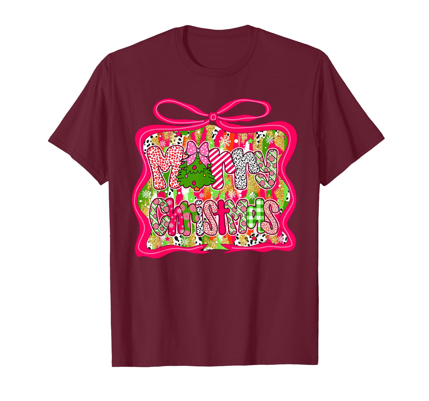Preppy Coquette Bow Merry Christmas Girl Women Colorful T-Shirt