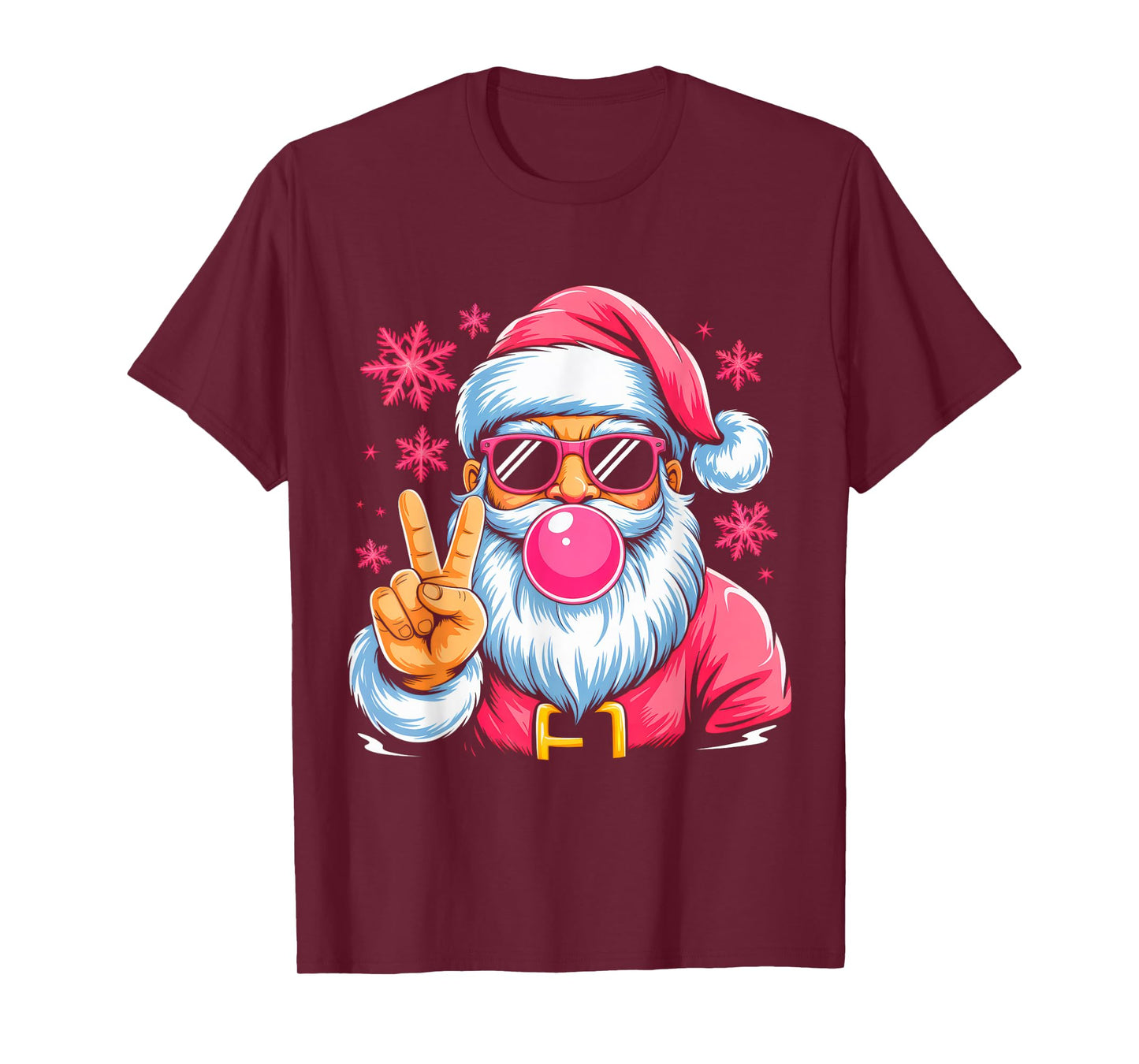 Retro Santa Christmas Blowing Bubble Pink Santa Xmas Funny T-Shirt