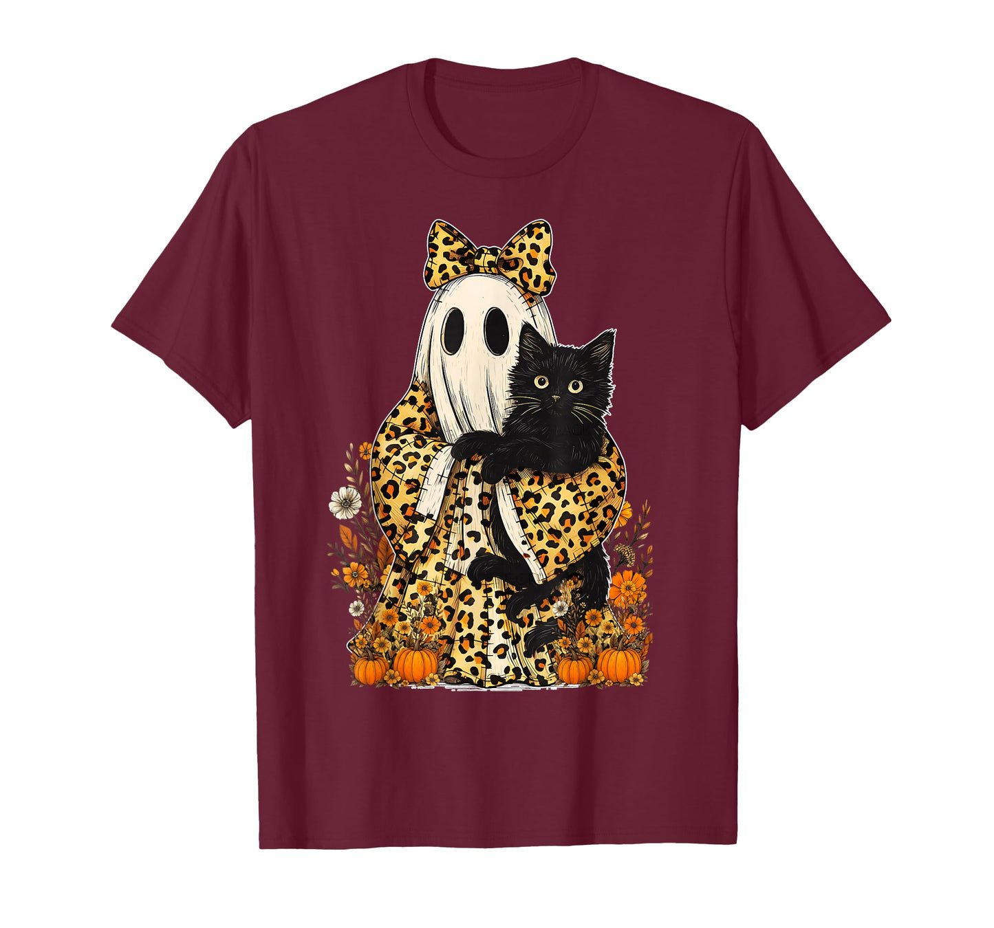 Vintage Halloween Ghost Holding Black Cat Groovy Floral T-Shirt