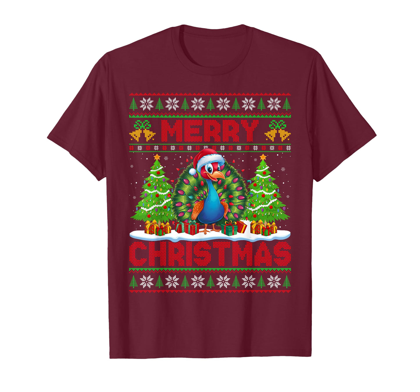 Peacock Bird Ugly Christmas Sweaters Funny Santa Lights Xmas T-Shirt
