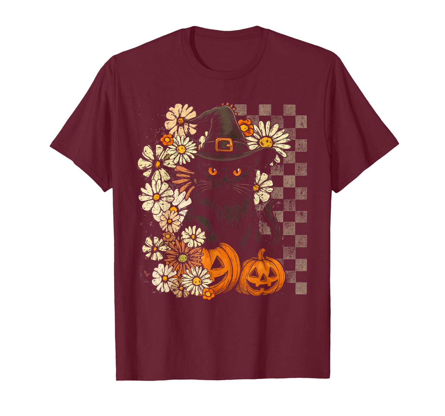 Retro Floral Black Cat Witch Pumpkin Halloween Spooky Season T-Shirt