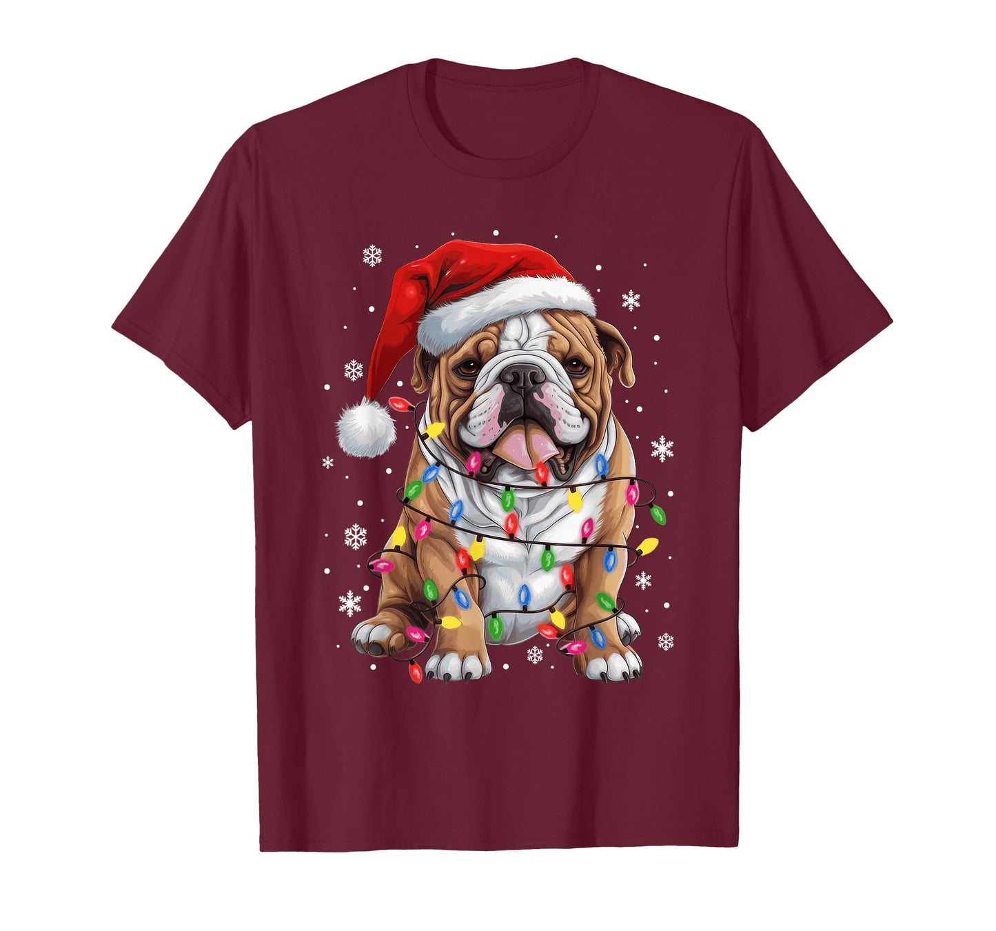 Funny Bulldog Dog Christmas Tree Light Xmas Santa Hat Pajama T-Shirt
