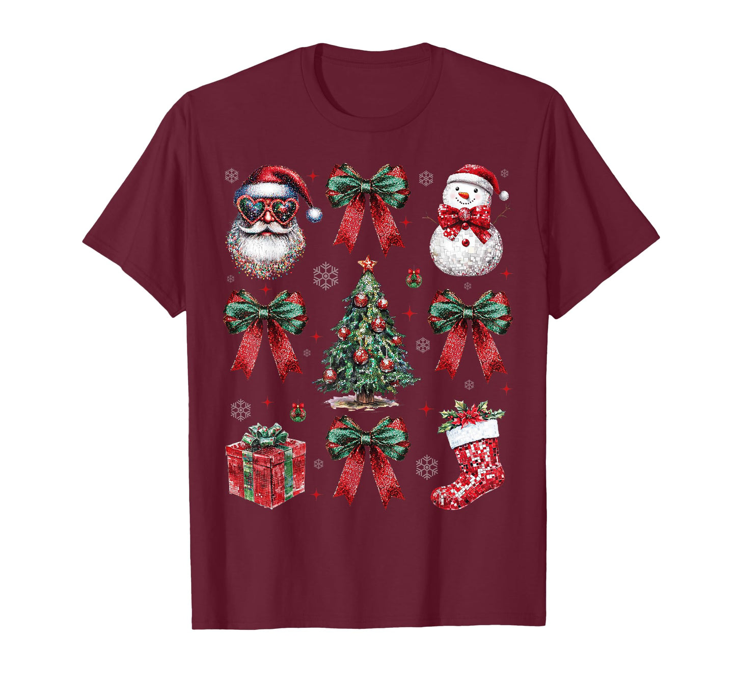 Vintage Christmas Coquette Bow Santa Snowman Christmas Tree T-Shirt