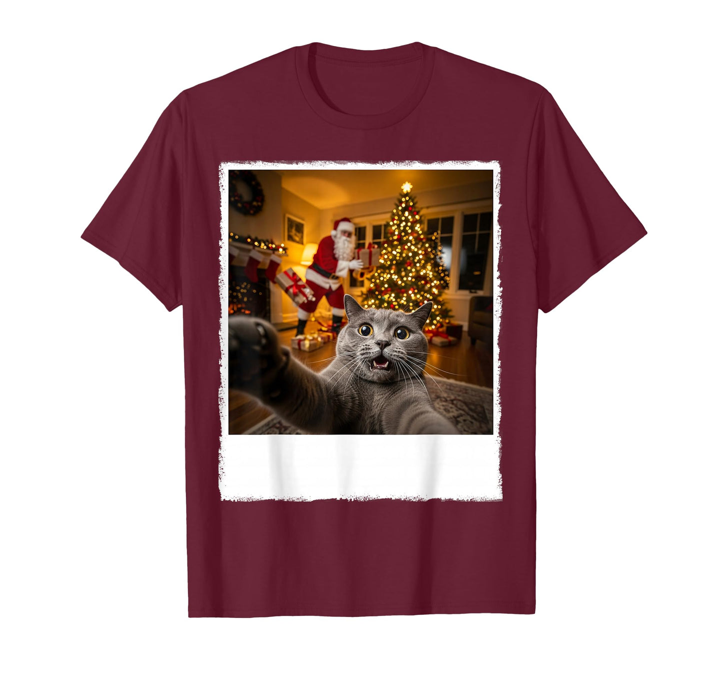 Funny Grey Cat Selfie with Santa Claus Gifts Christmas Night T-Shirt