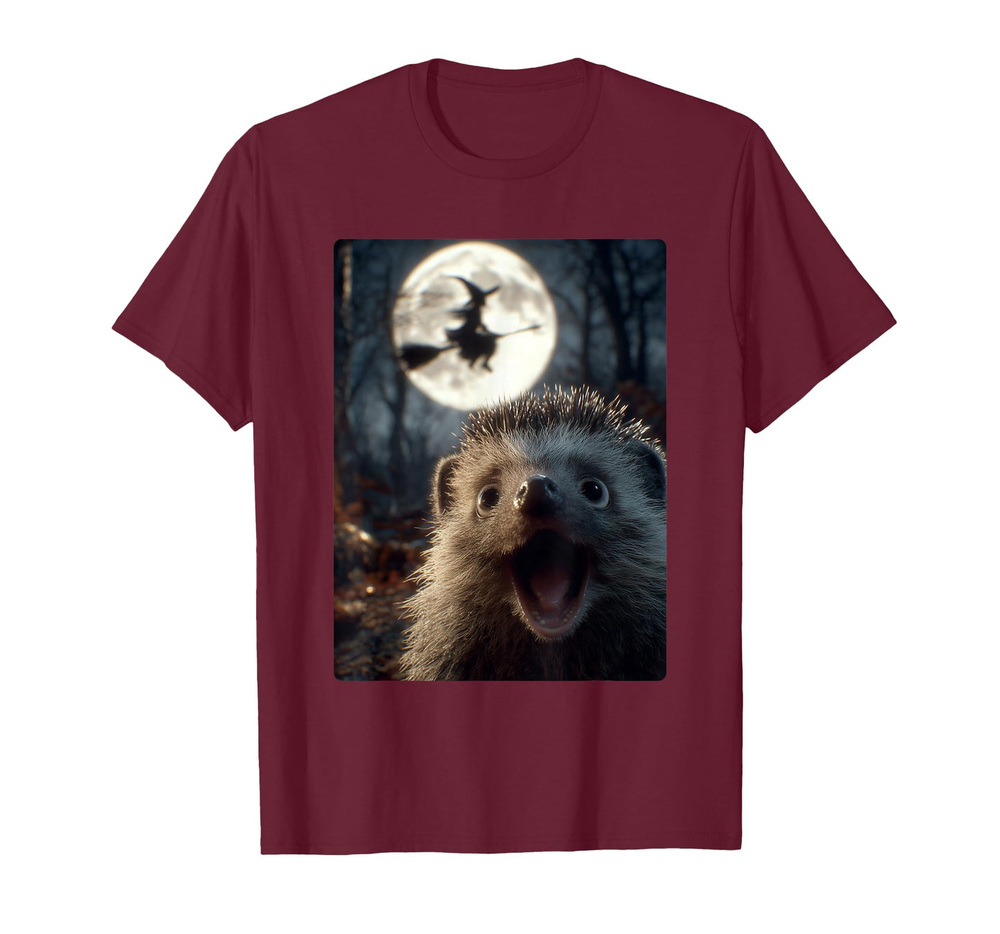 Funny Hedgehog Selfie with Full Moon Flying Witch Halloween T-Shirt