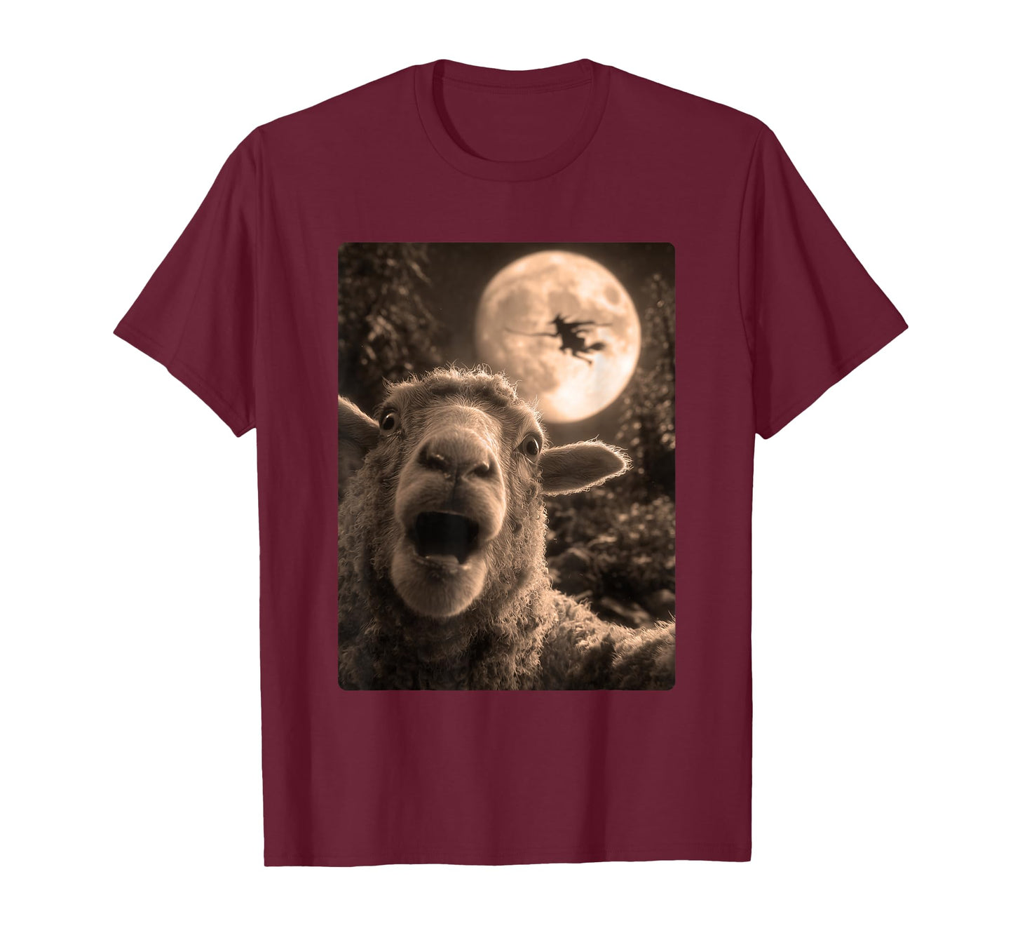Funny Sheep Selfie Full Moon Flying Witch Forest Halloween T-Shirt