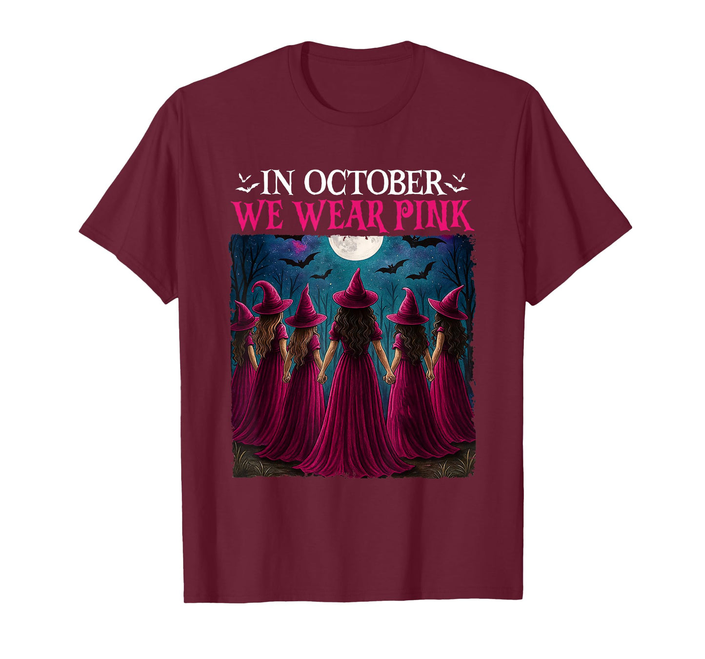 in October We Wear Pink Witch Halloween Breast Cancer Women T-Shirt