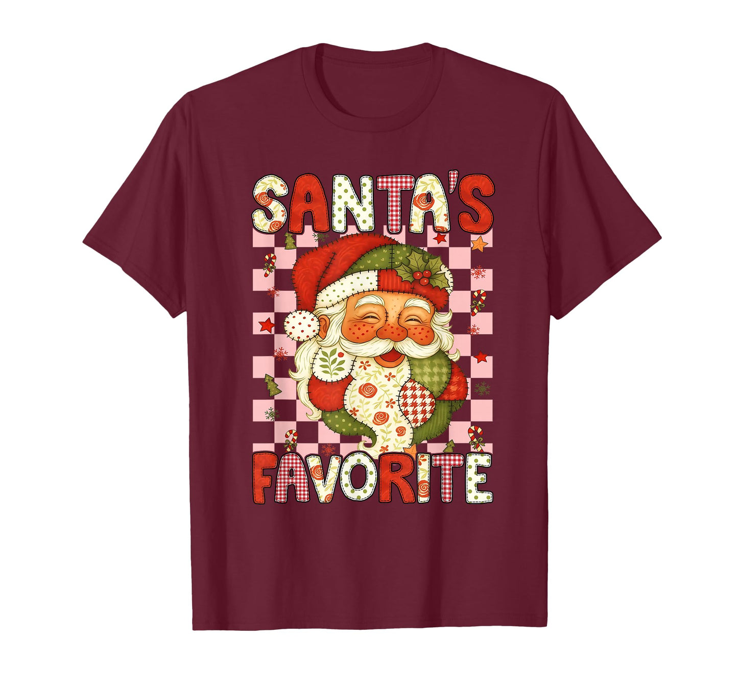 Santa's Favorite Patchwork Santa Face Vintage Christmas Folk T-Shirt
