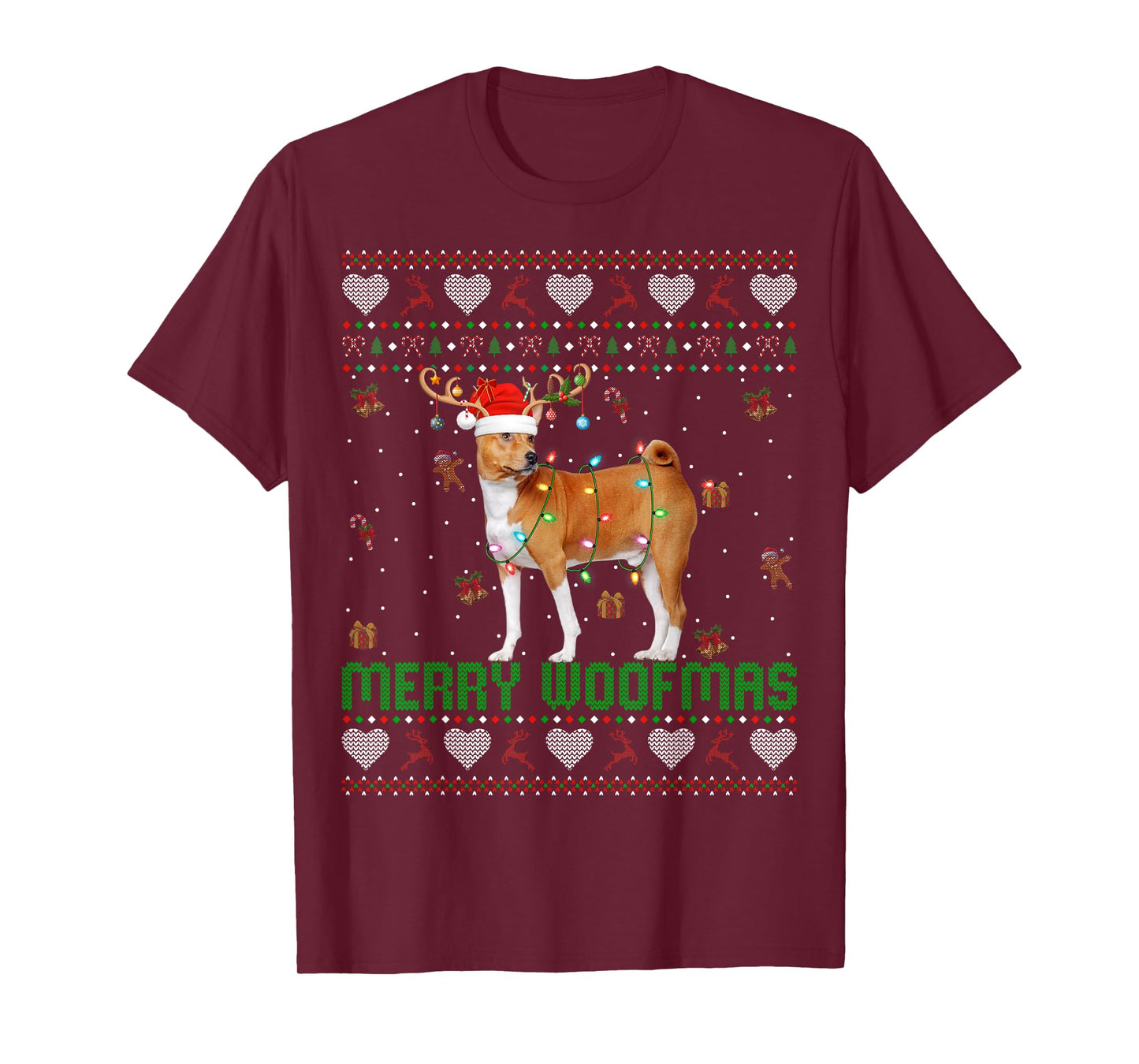 Basenji Dog Christmas Lights Ugly Sweater Xmas Pajamas T-Shirt