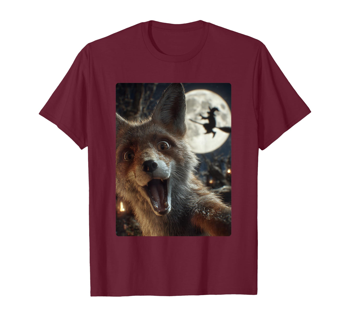 Funny Fox Selfie Full Moon Flying Witch Forest Halloween T-Shirt