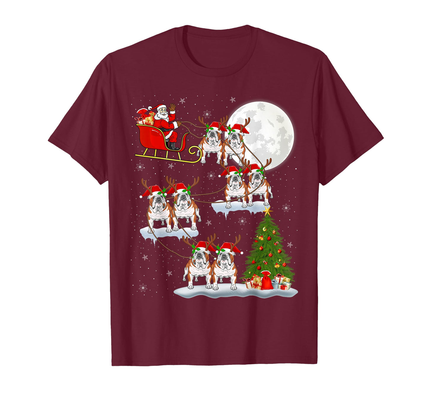 English Bulldog Santa Sleigh Flying Funny Magical Christmas T-Shirt