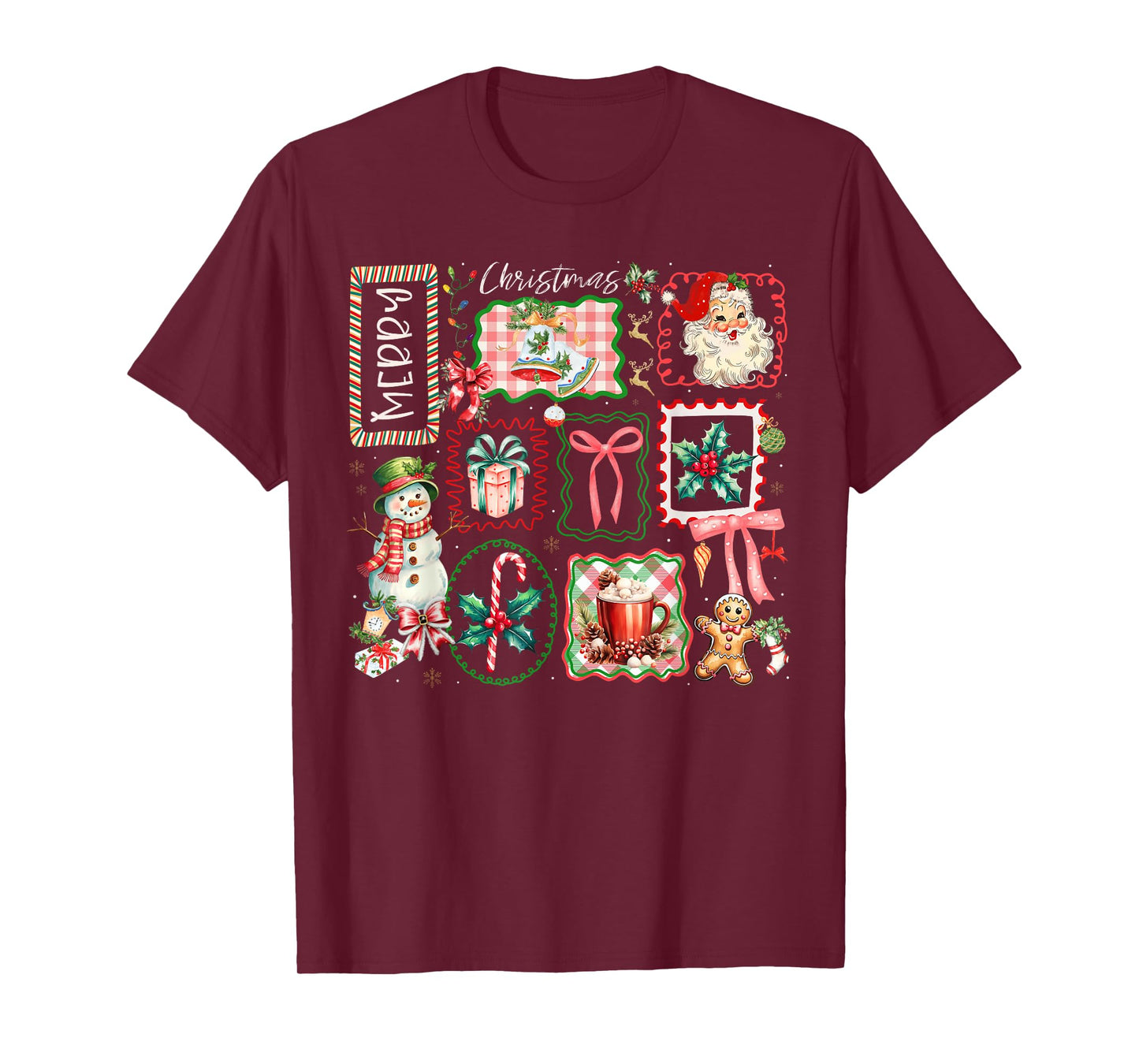 Merry Christmas Santa Snowman Candy Cane Gingerbread Bow T-Shirt