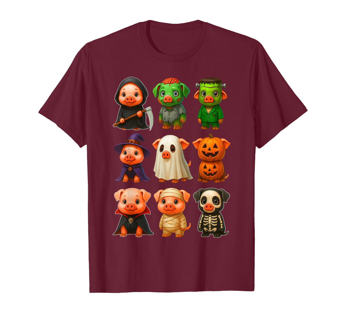 Pigs in Witch Skeleton Ghost Costume Happy Halloween Day T-Shirt