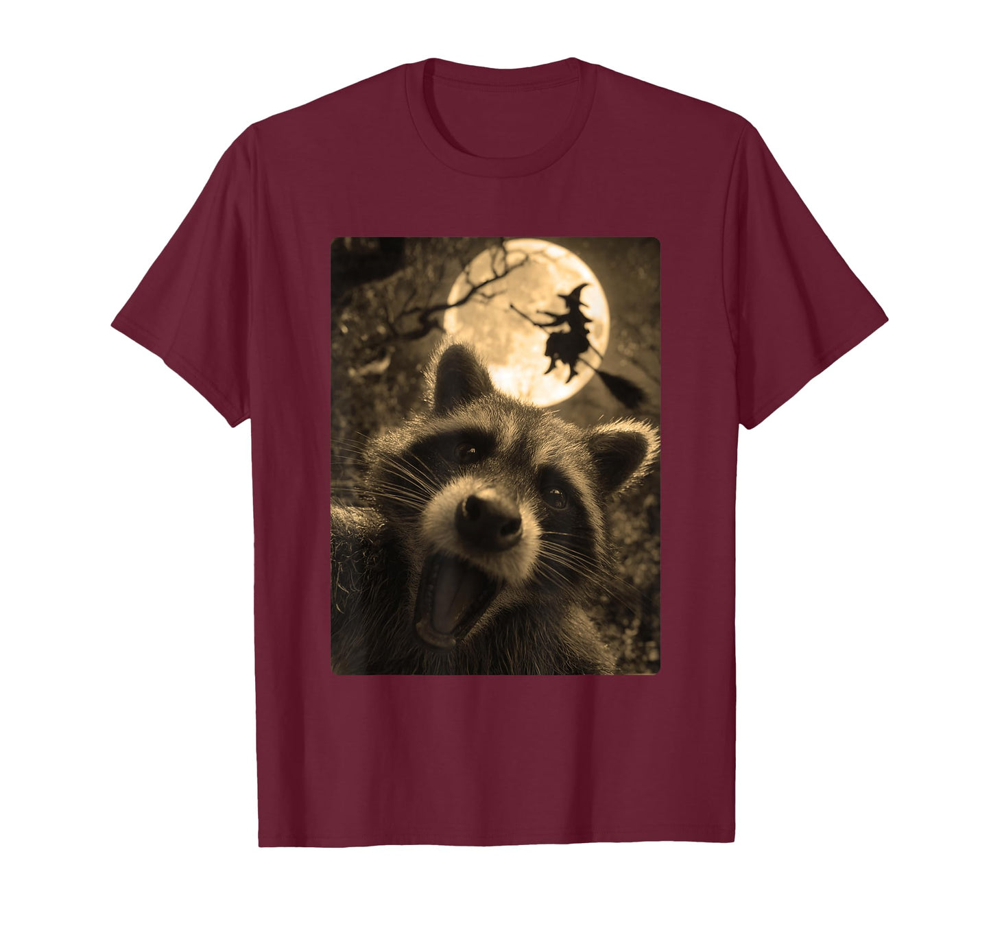 Funny Raccoon Selfie Full Moon Flying Witch Forest Halloween T-Shirt