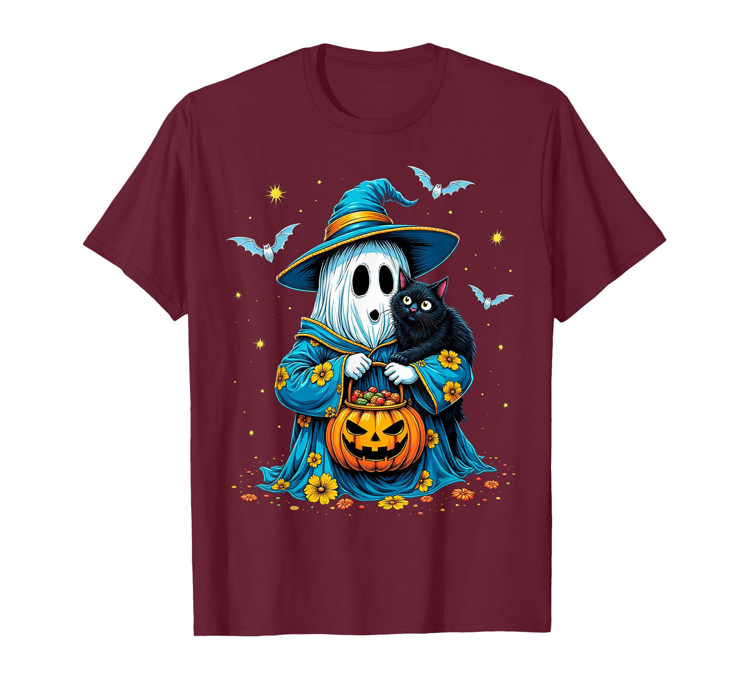 Ghost Holding Black Cat Lover Halloween 2025 Groovy Floral T-Shirt