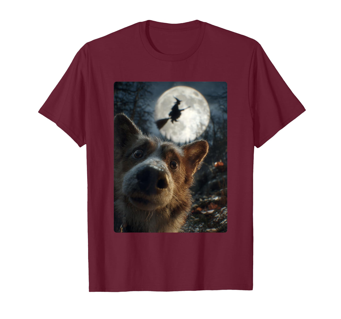 Funny Corgi Selfie with Full Moon Flying Witch Halloween Dog T-Shirt