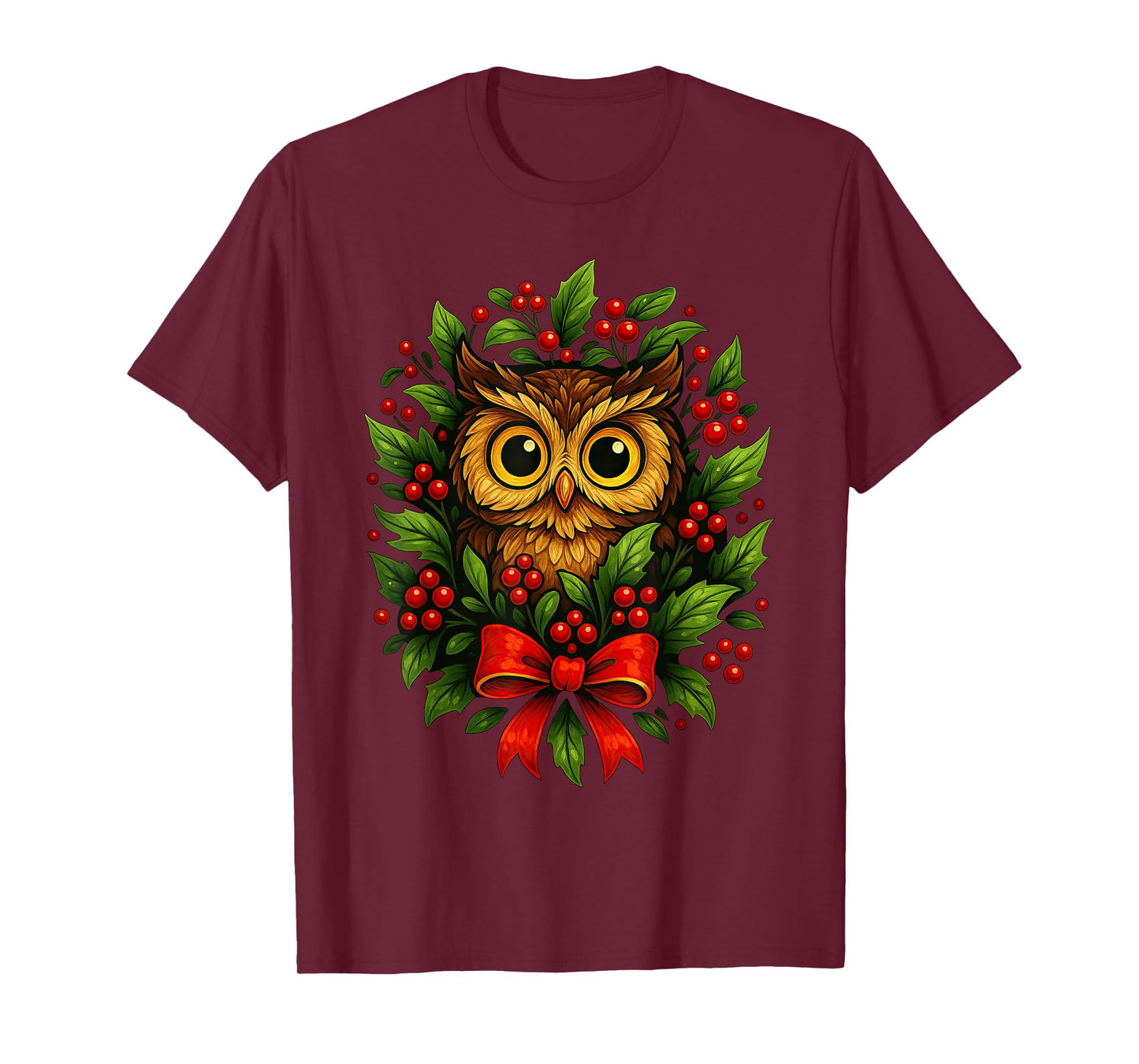 Cute Owl Festive Mistletoe Wreath Xmas Birding T-Shirt