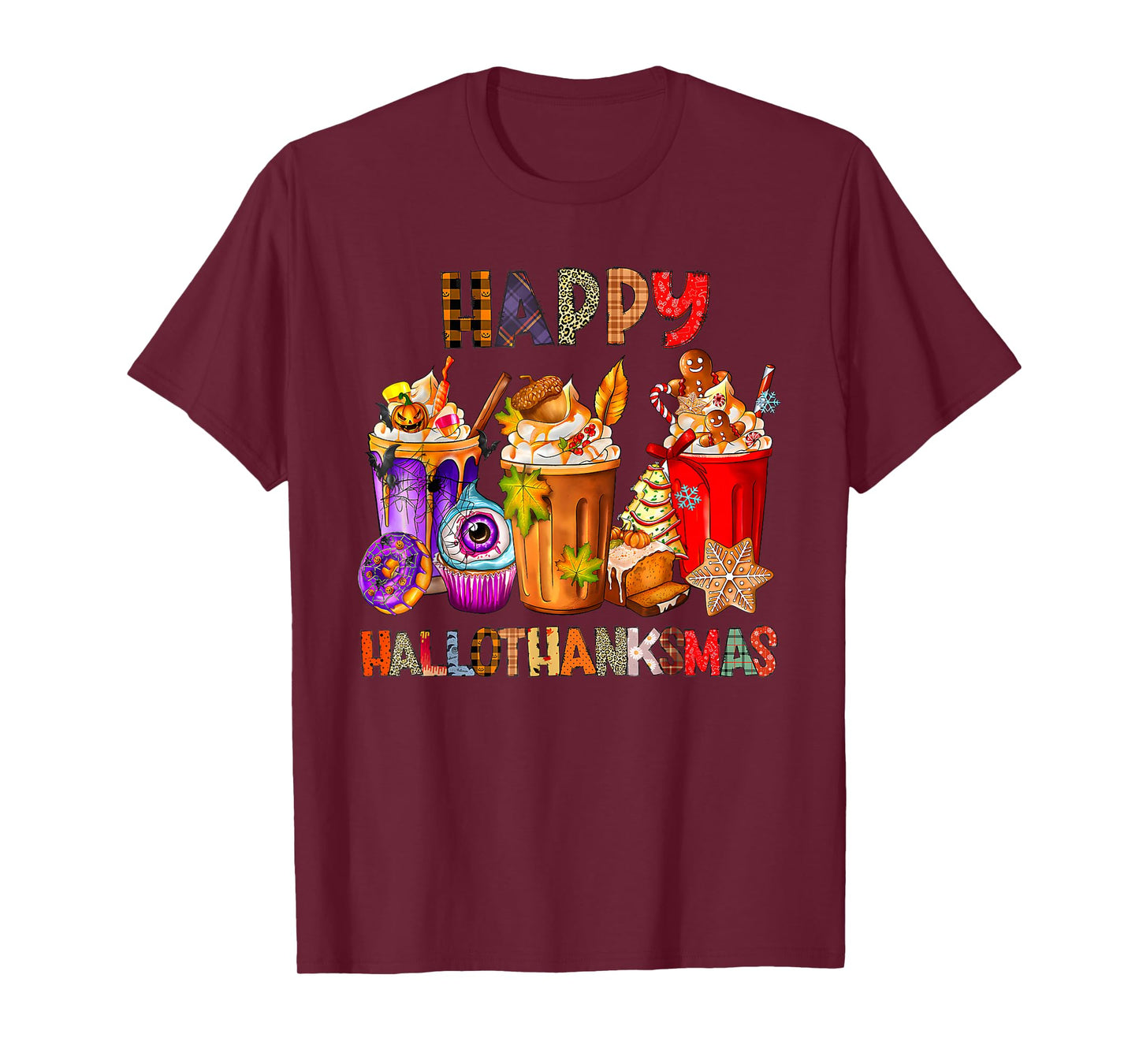 Hallothanksmas Coffee Latte Halloween Thanksgiving Christmas T-Shirt