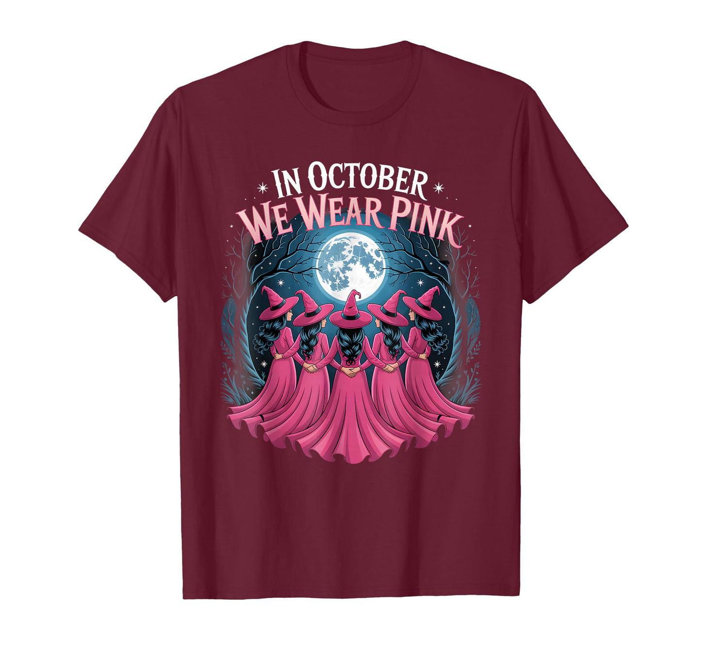 in October We Wear Pink Ribbon Witch Halloween Breast Cancer T-Shirt