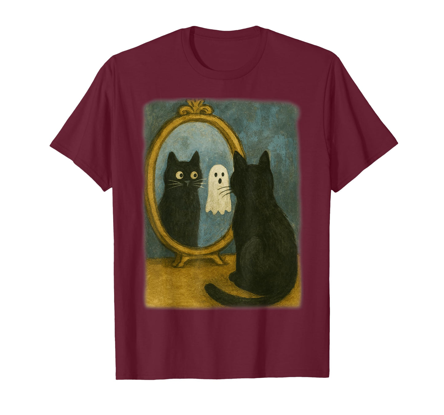 Vintage Halloween Black Cat Ghost in Mirror Cat Lover Kids T-Shirt