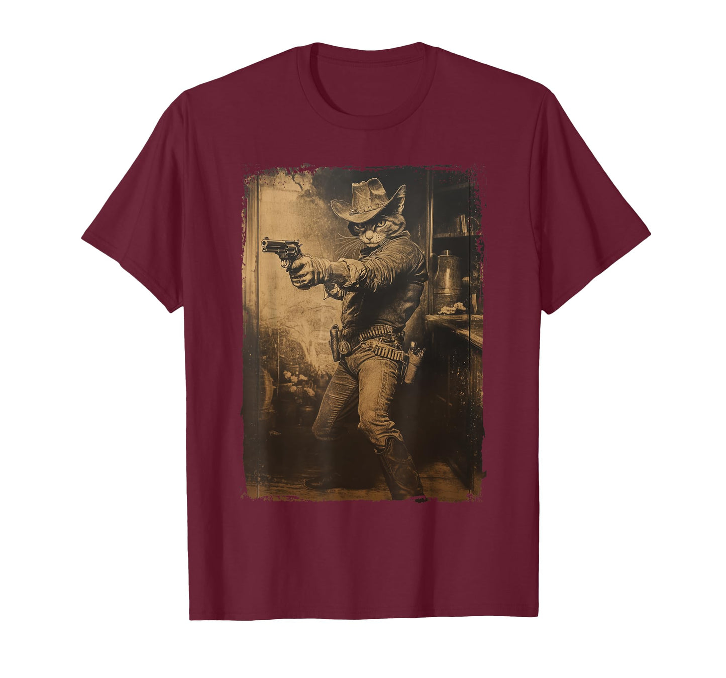 Vintage Cowboy Cat with Revolver Gunslinger Wild West Outlaw T-Shirt