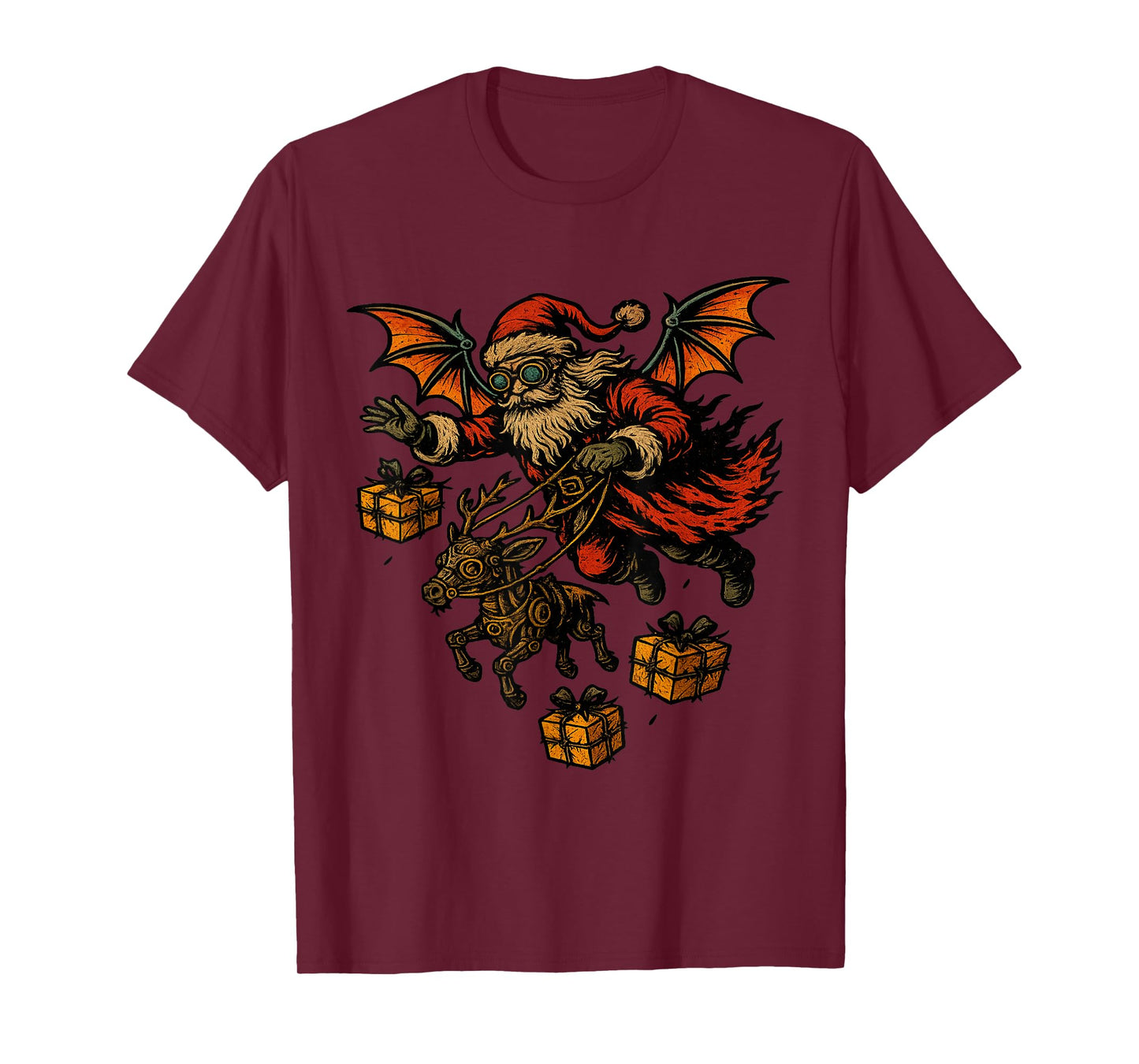 Gothic Santa with Bat Wings Robot Reindeer T-Shirt