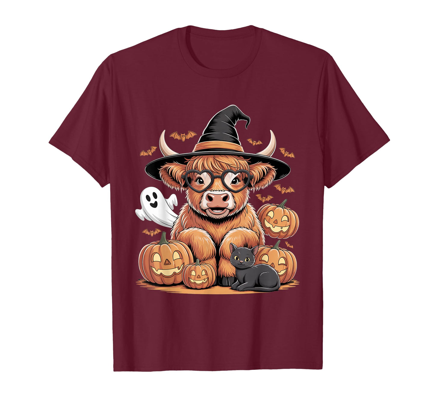 Cute Highland Cow Witch Halloween Pumpkin Black Cat Ghost T-Shirt