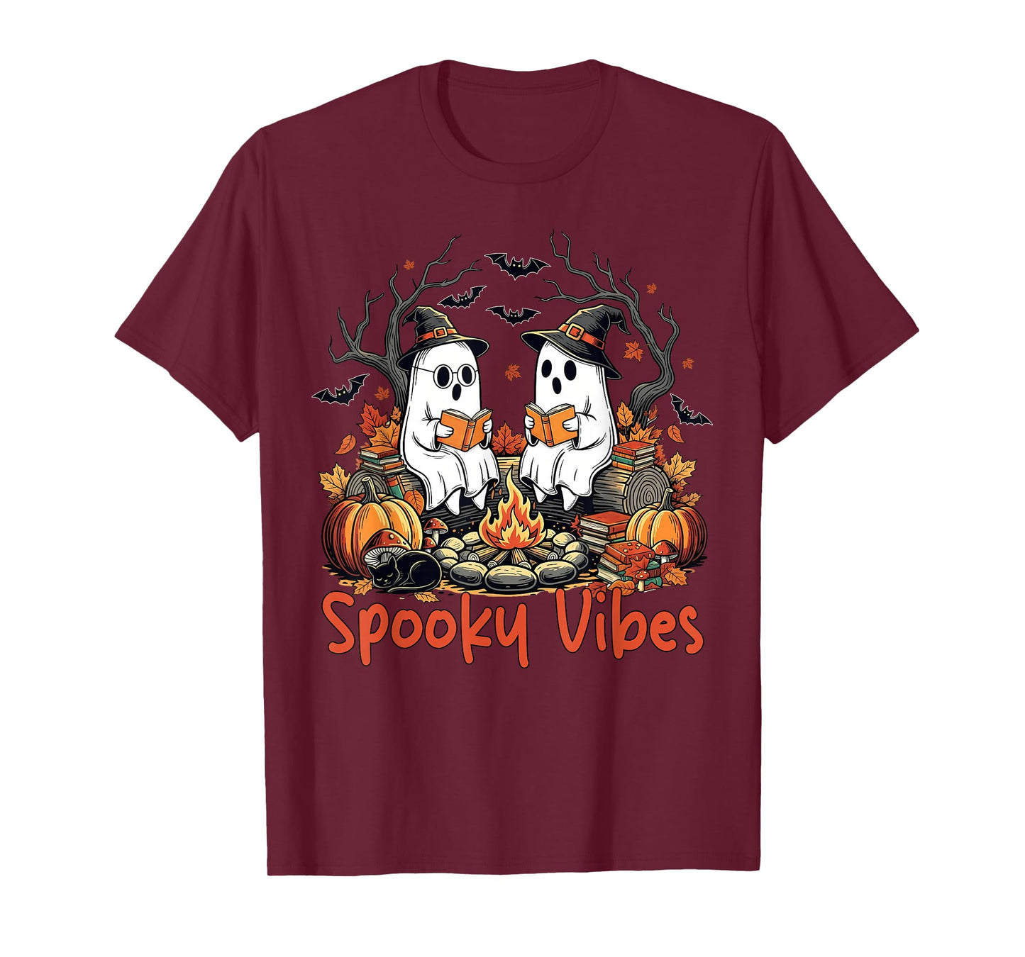 Spooky Vibes Ghost Reading Books Halloween Teacher Girl Boy T-Shirt